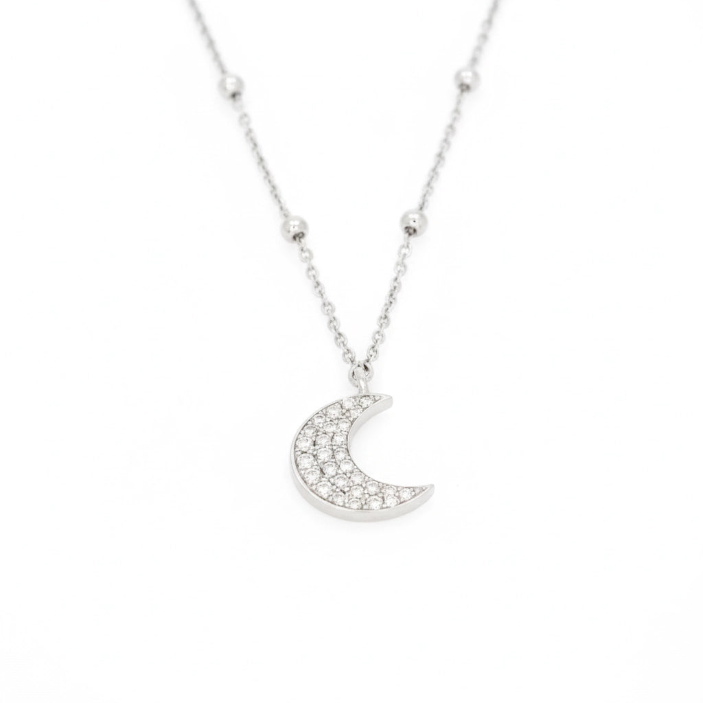 Diamond Moon white gold Necklace featuring certified diamonds on a modern ball chain for elegant sparkle.