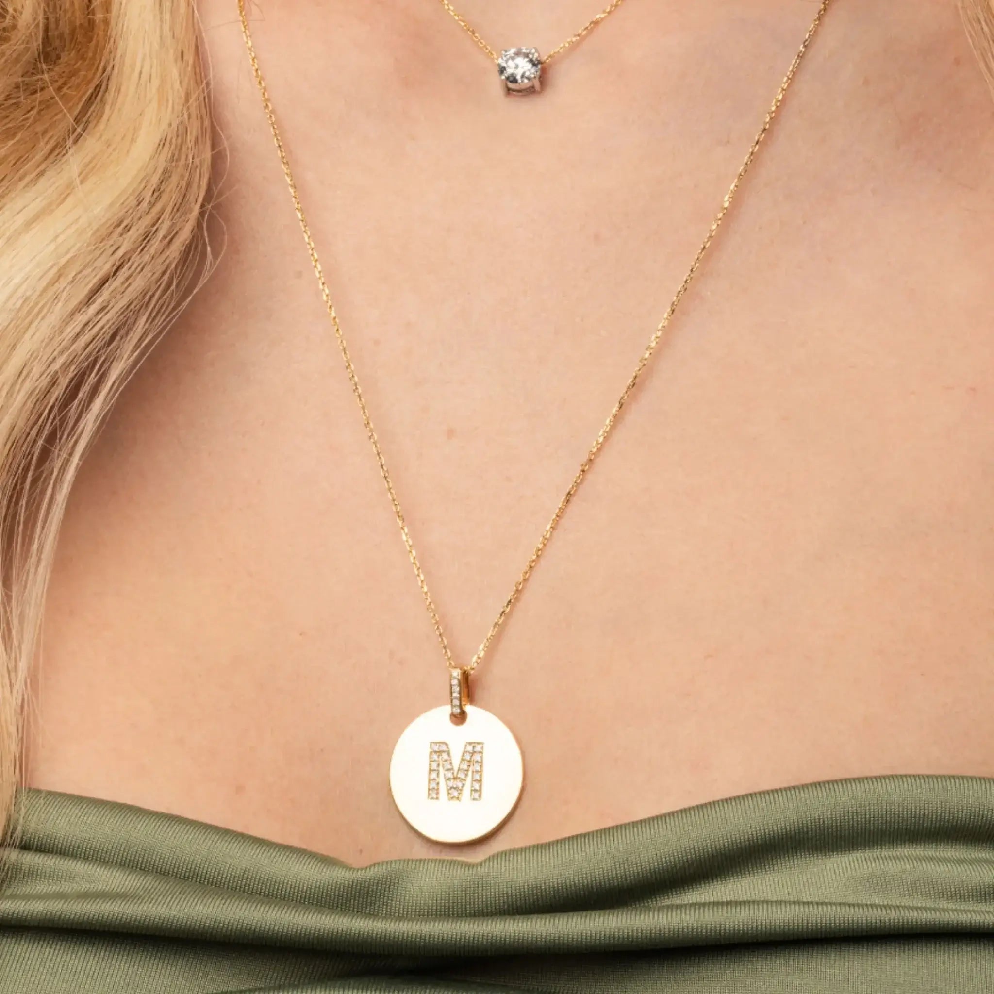 Love Letter Disk necklace featuring an initial in certified diamonds, crafted in 18ct gold.