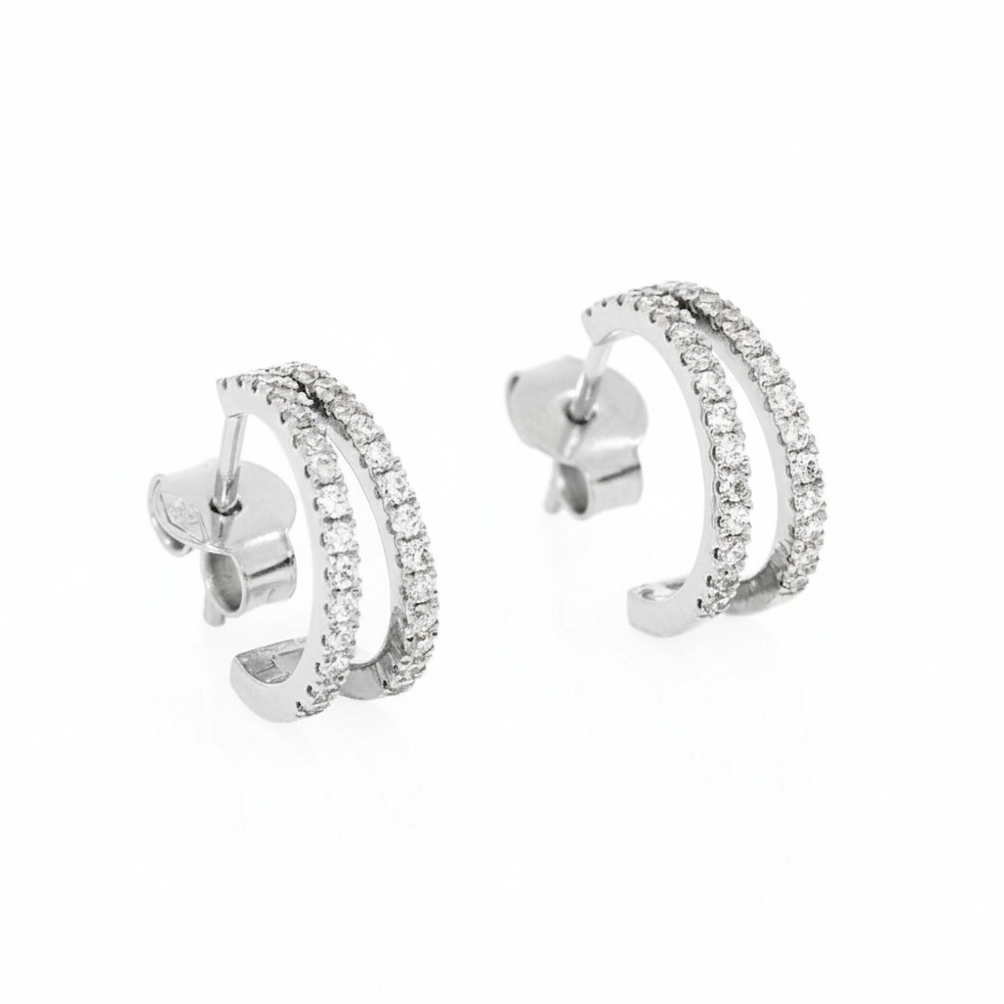 Double row diamond huggies in 18ct white gold featuring certified diamond earrings with modern elegance and timeless sophistication.