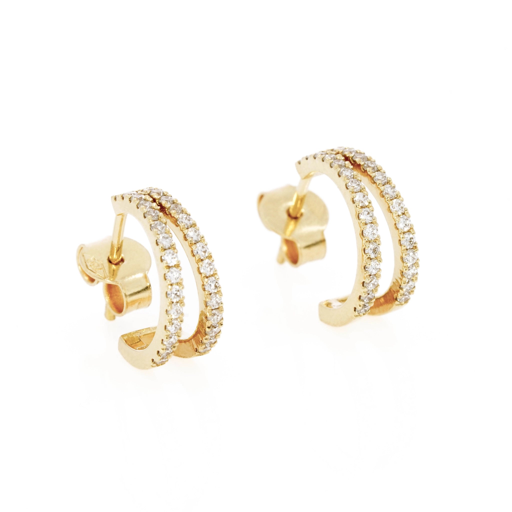 Double row diamond huggies in 18ct gold featuring certified diamond earrings with modern elegance and timeless sophistication.