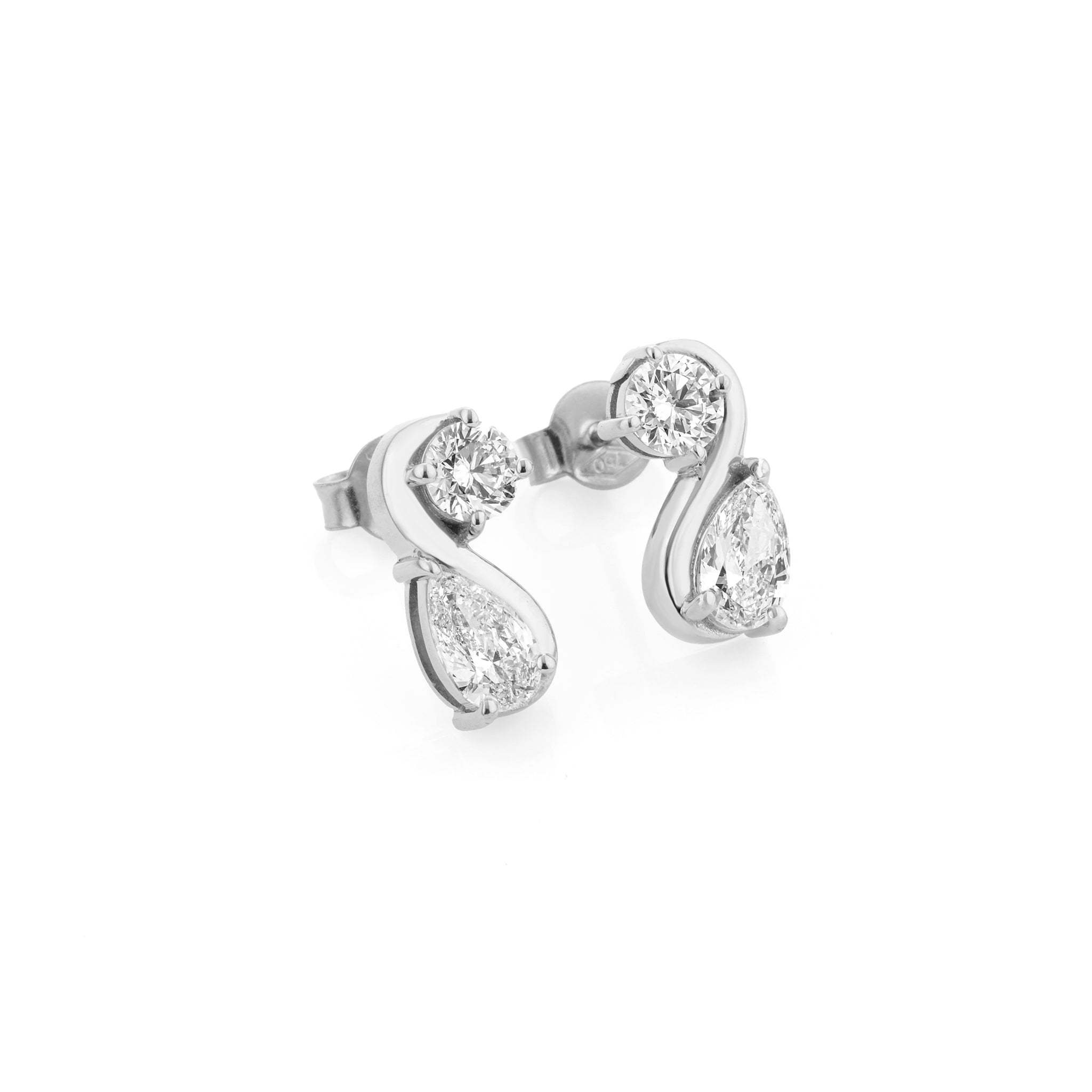 Diamond earrings with pear-shaped and round stones on a white background