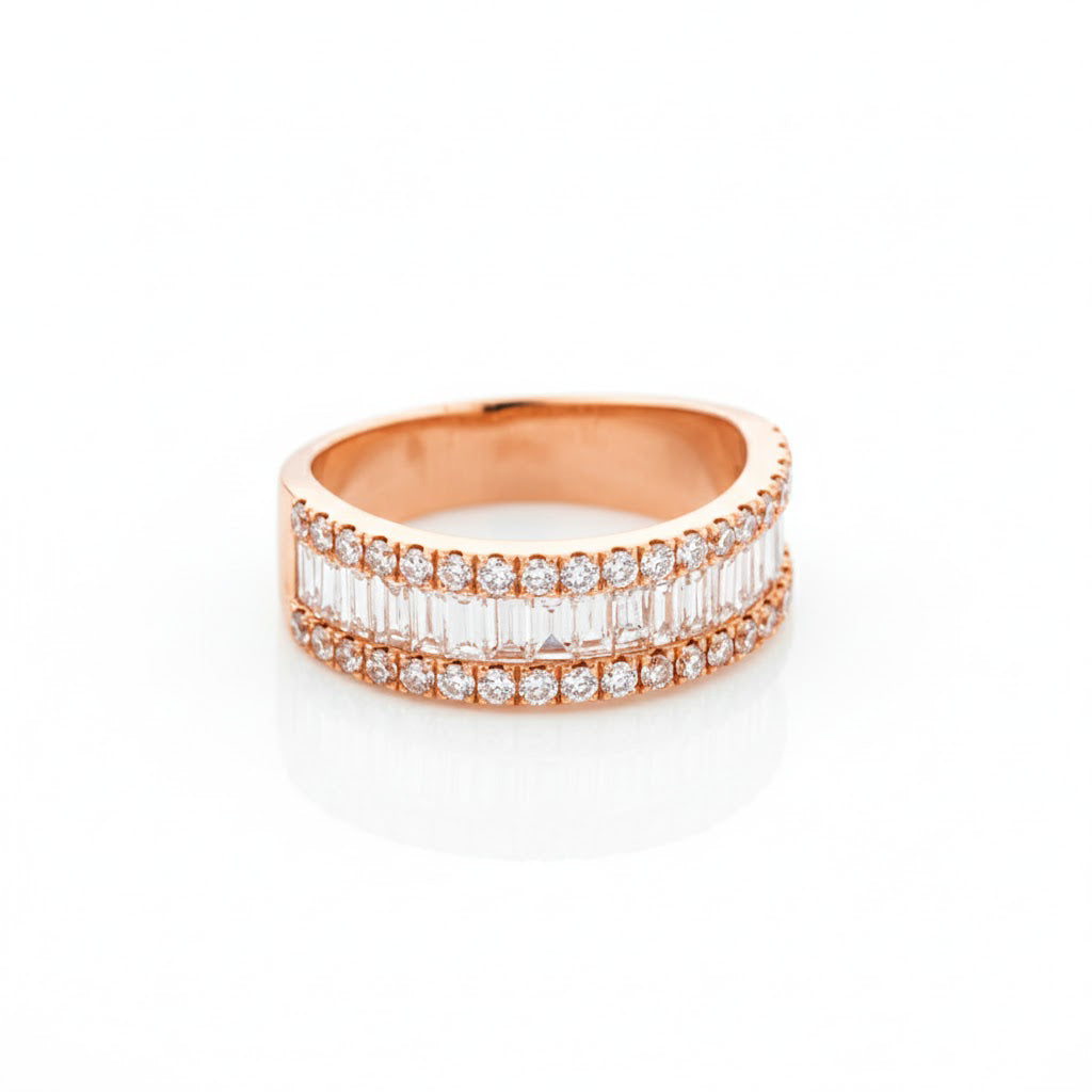 Rose gold diamond eternity ring with baguette cut diamonds on a white background