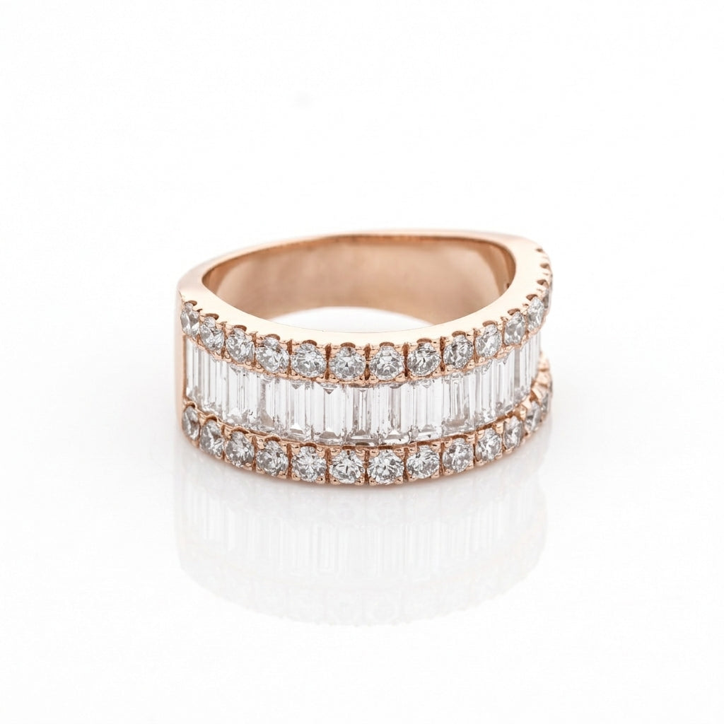 Rose gold ring with diamonds on a white background