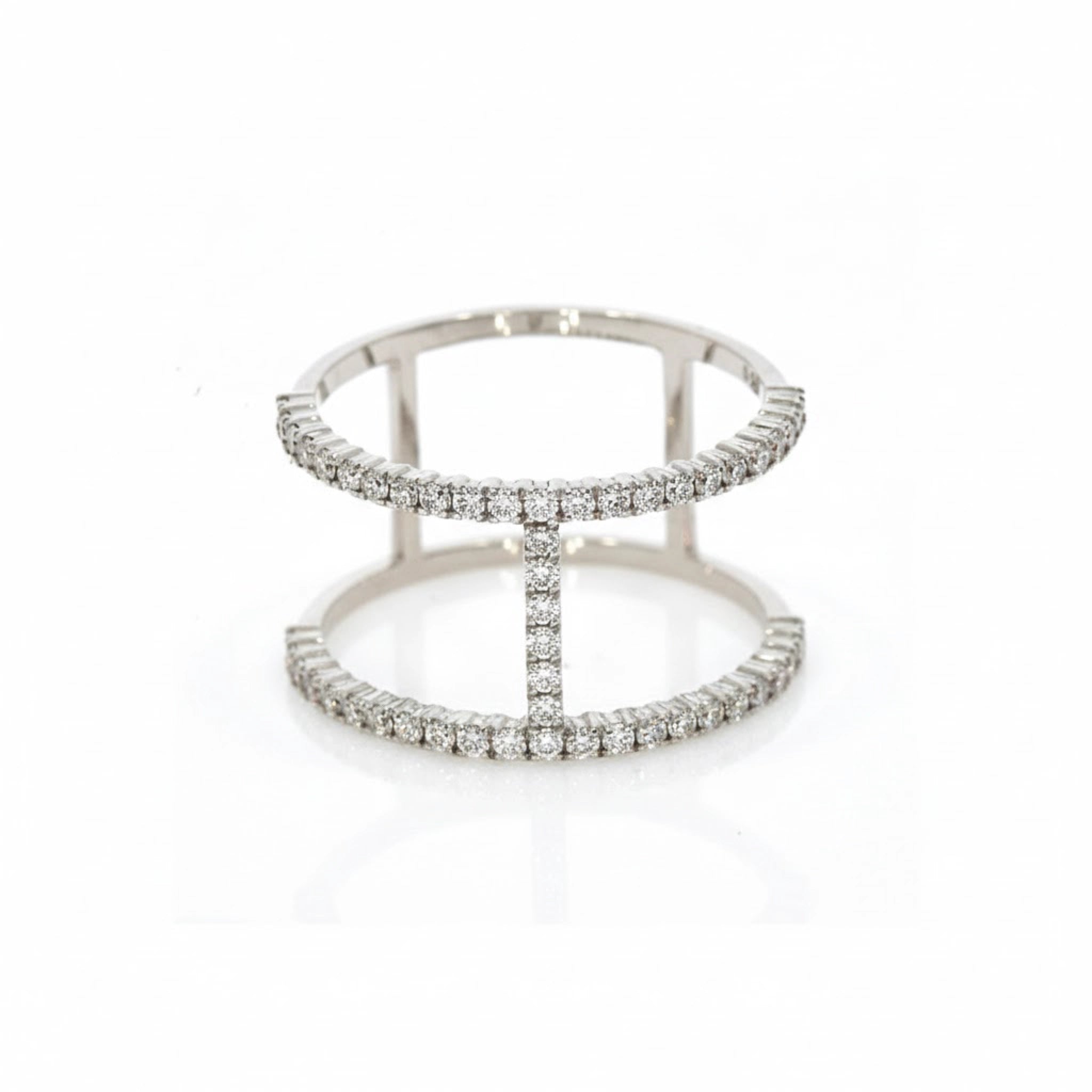18ct white Gold H shaped ring with diamonds on a white background