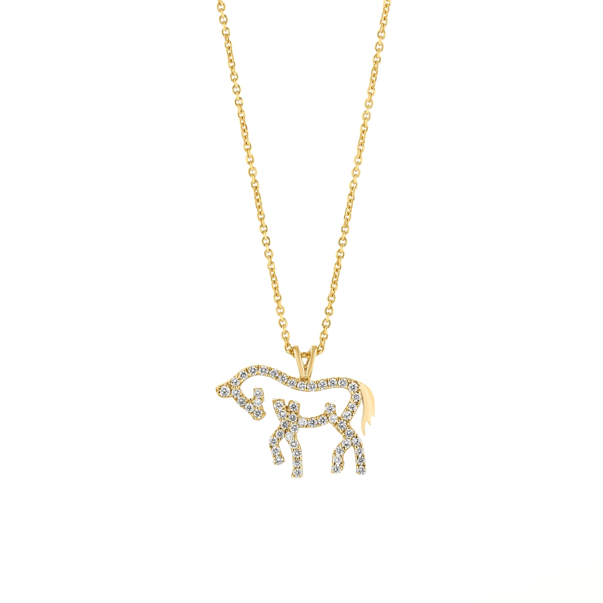 Gold necklace with a horse-shaped pendant on a white background