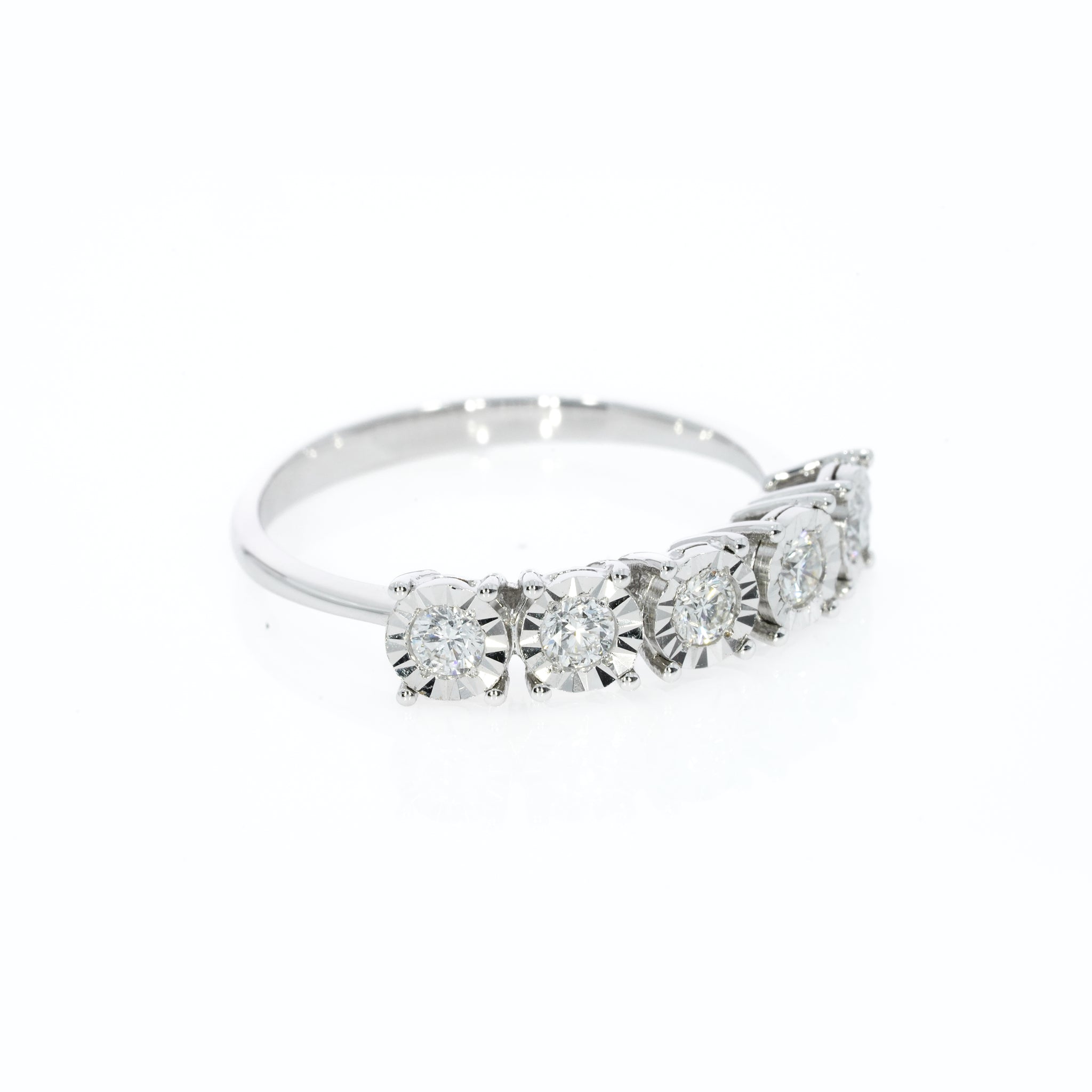 Eternity Ring with Five round brilliant cut diamonds in a setting that makes each appear larger and adds extra sparkle.