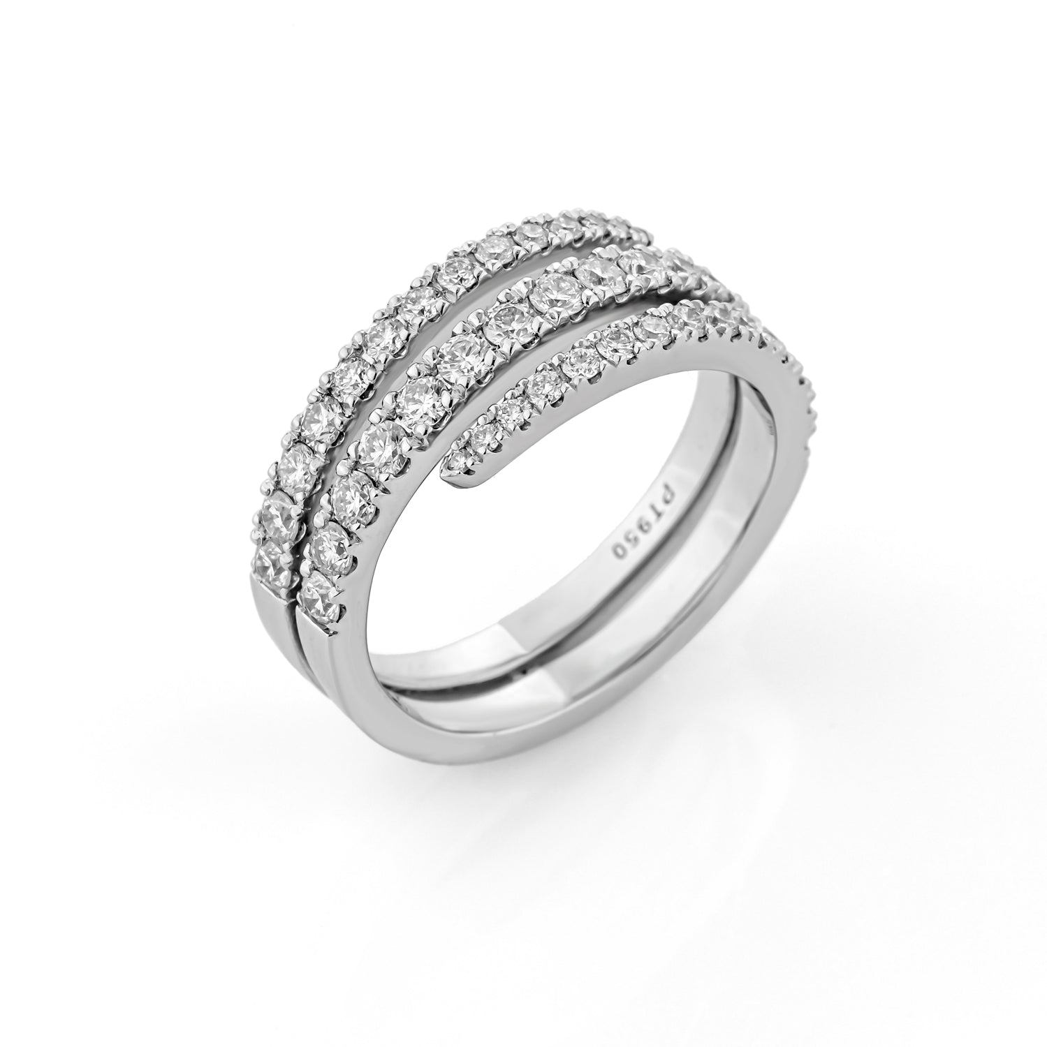 Swirl ring featuring three rows of certified diamonds in 18ct white gold for elegant sparkle and brilliance.