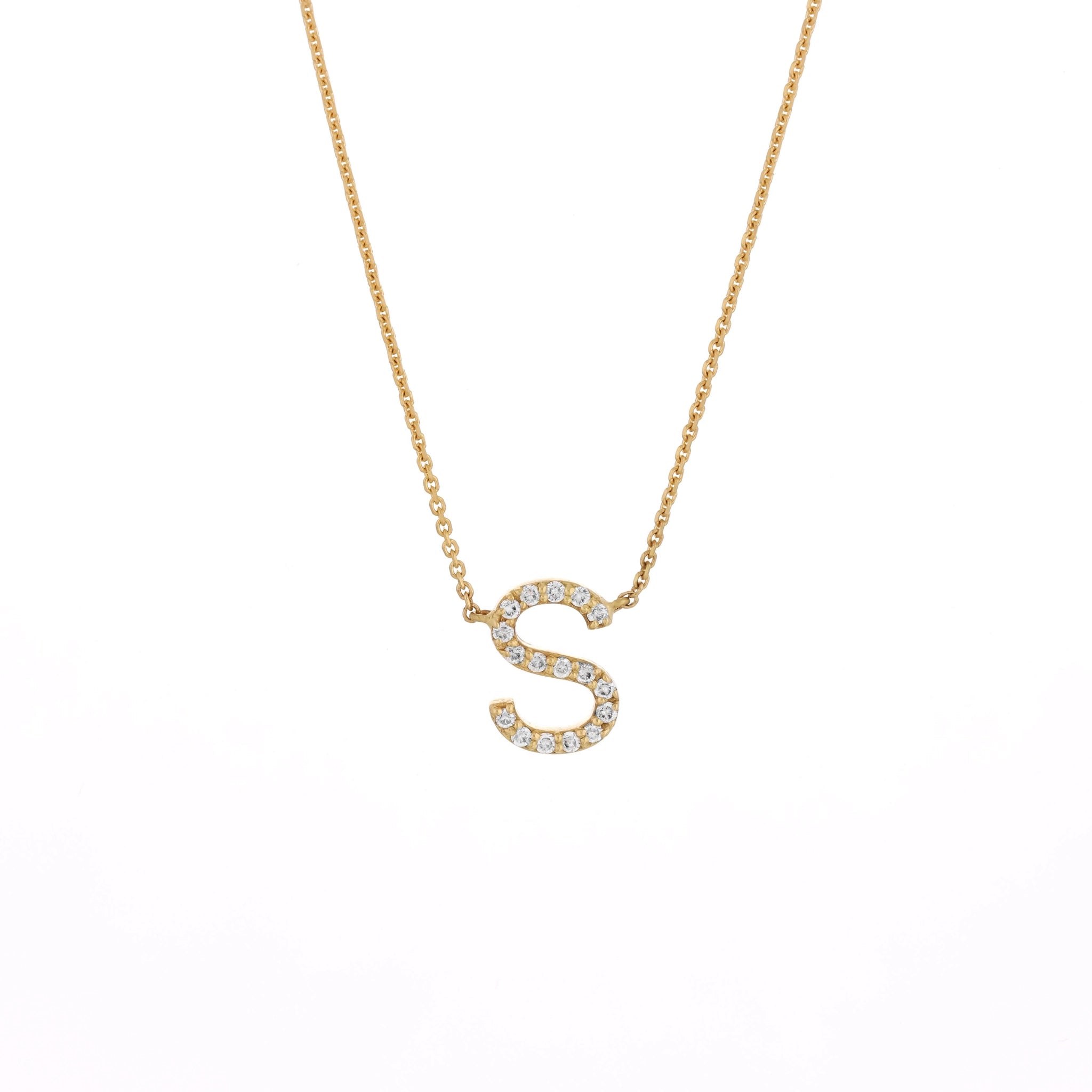 Single Love Letter Necklace featuring sparkling round brilliant cut diamonds in a gold setting.