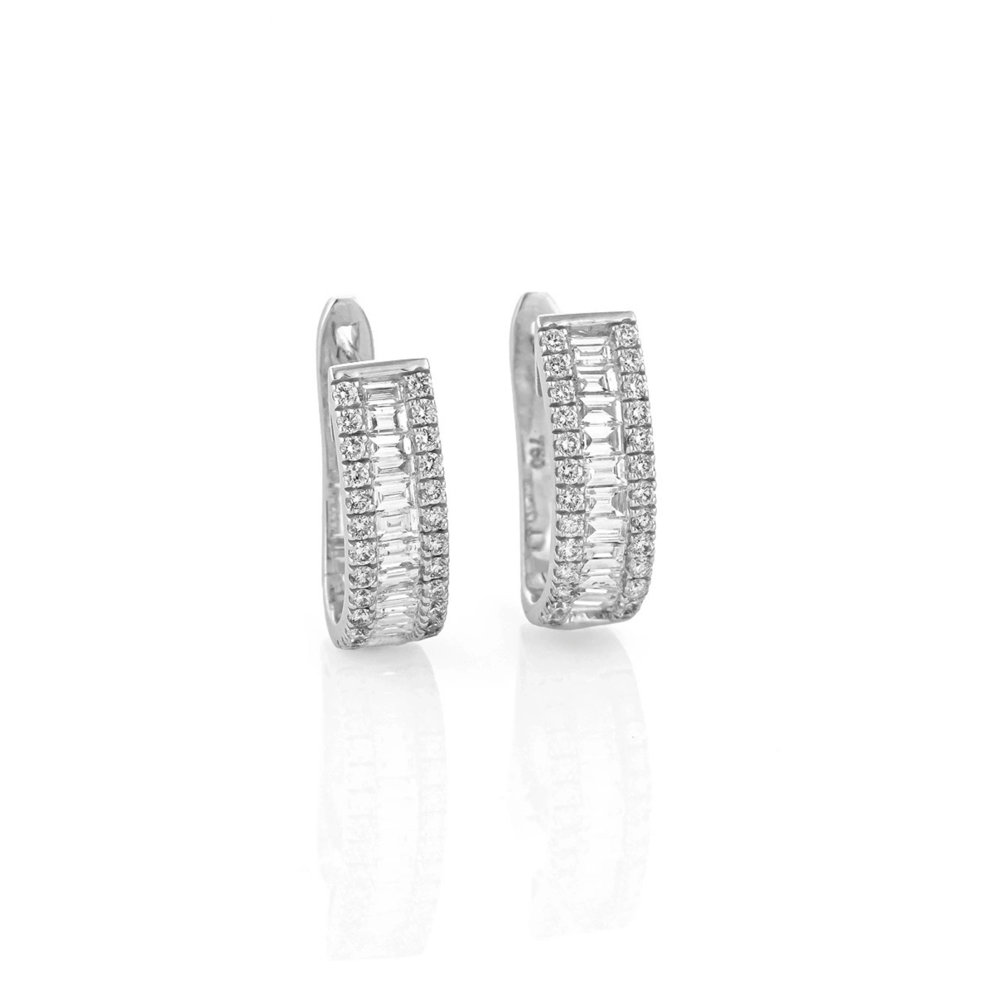 Love Eternity Earrings featuring sparkling diamond earrings with round and baguette diamonds in 18ct white gold.