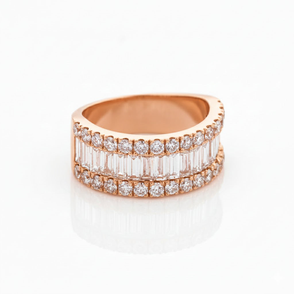 Rose gold ring large diamond eternity ring with baguette cut diamonds on a white background