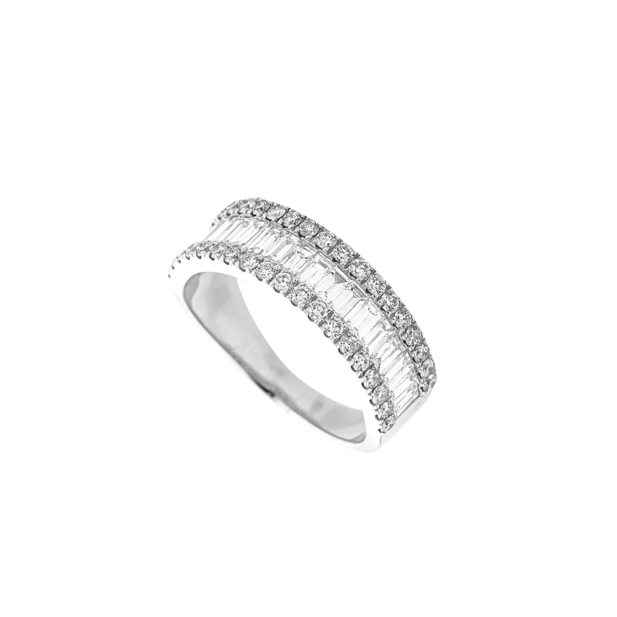 A diamond eternity ring featuring two parallel rows of baguette cut diamonds shown on a plain white background.