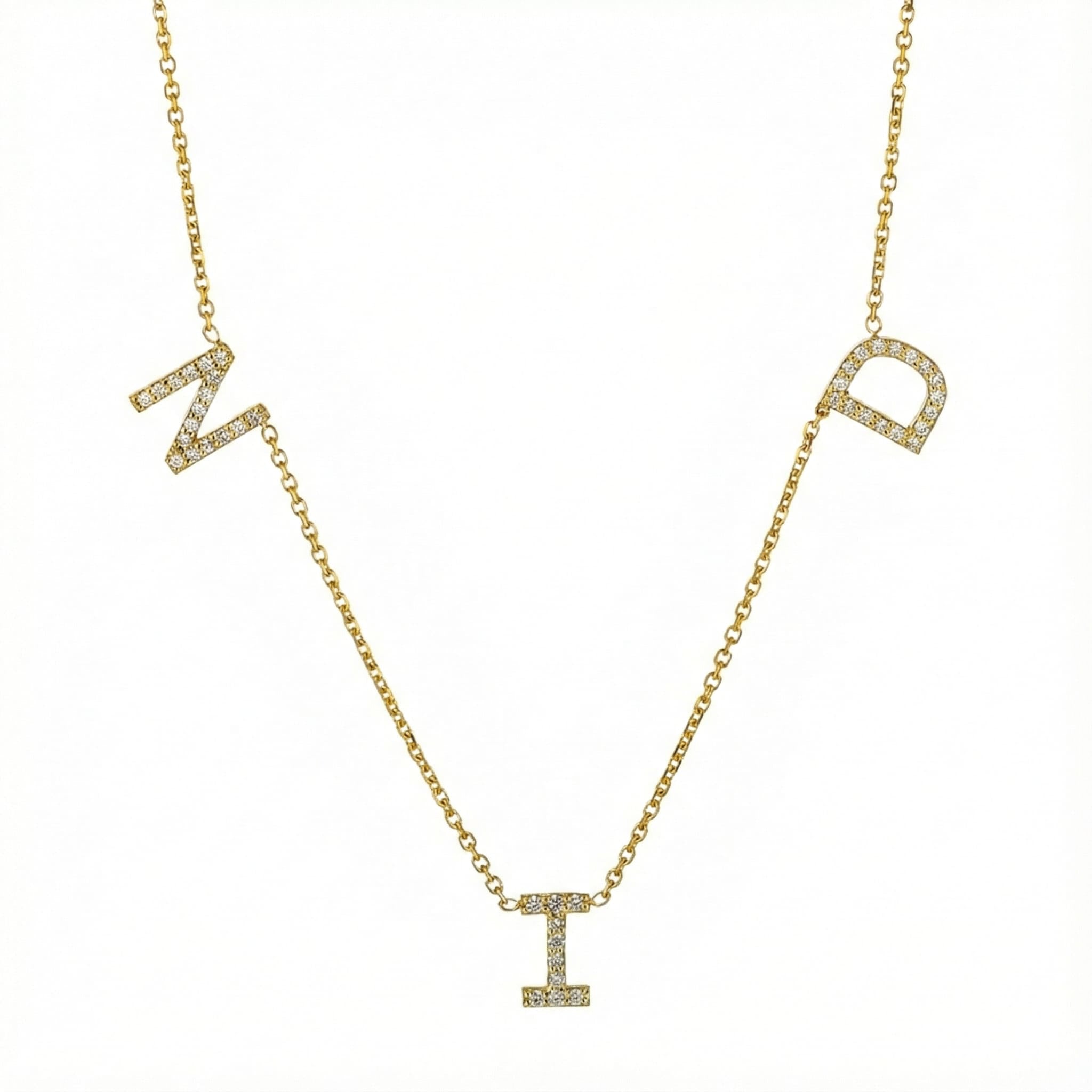 Love Letter necklace with certified diamond initials on a fine gold chain, featuring sparkling craftsmanship.