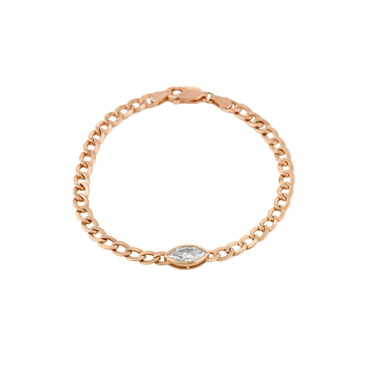 A rose gold chain gold bracelet with a small marquise-cut clear gemstone set in the center, displayed on a clean white background.