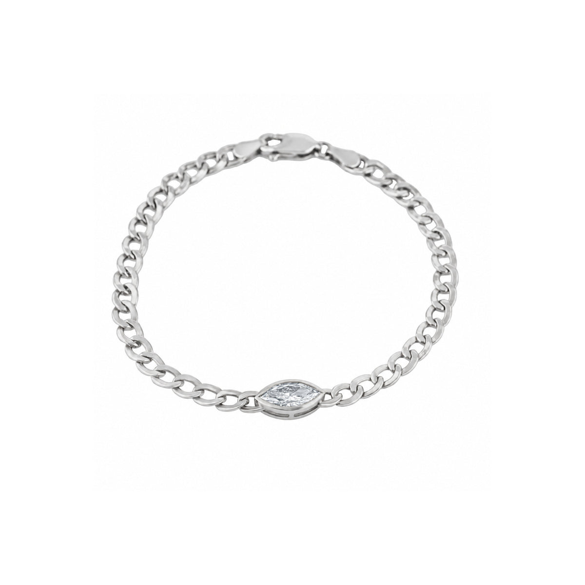 A white gold chain gold bracelet with a small marquise-cut diamond set in the center, displayed on a clean white background.