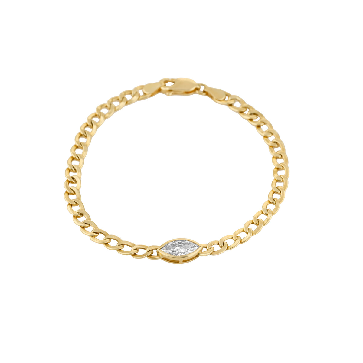 A yellow gold chain gold bracelet with a small marquise-cut diamond set in the center, displayed on a clean white background.