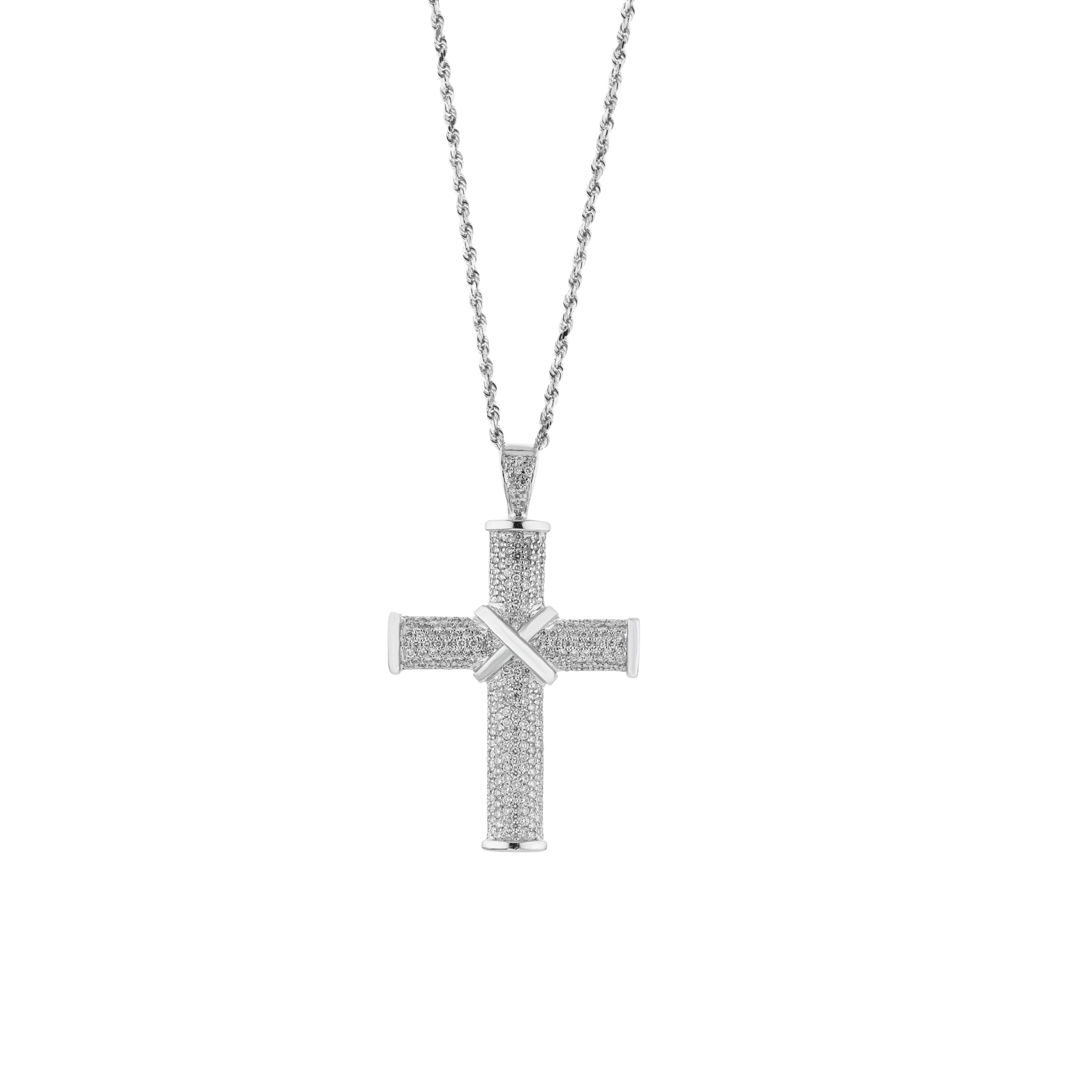 Cross pendant necklace with diamonds on a white background