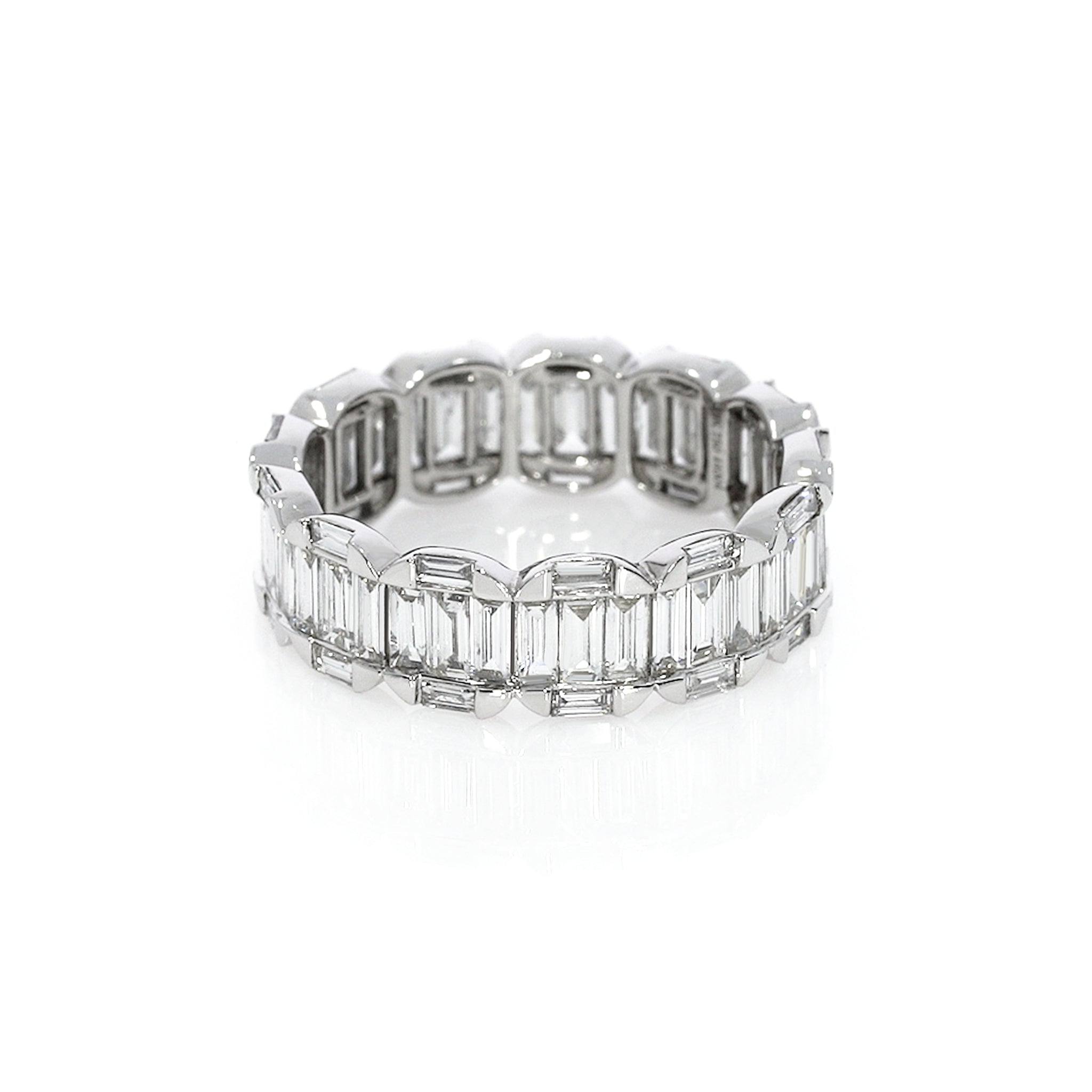 Baguette Cluster Diamond Eternity Ring in 18ct gold with 2.21cts certified natural diamonds featuring a unique design with different-sized baguettes.
