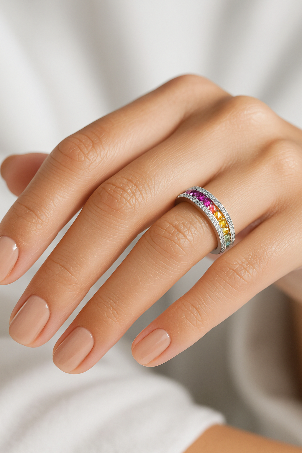 Elegant multi colour sapphire ring featuring diamonds, showcasing graduating hues on a hand with manicured nails.