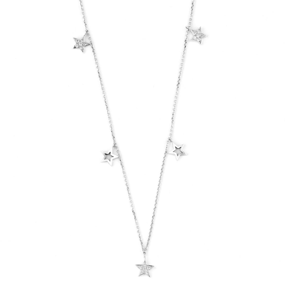 Elegant certified diamond necklace featuring gold and diamond set stars on a fine gold chain.