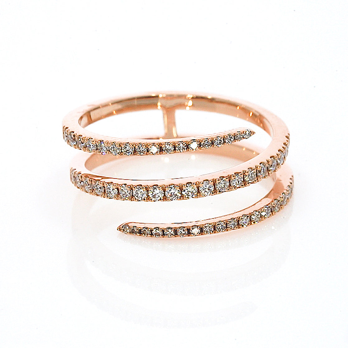 A rose gold ring with a spiral design with rows of small, sparkling diamonds, creating a modern look.