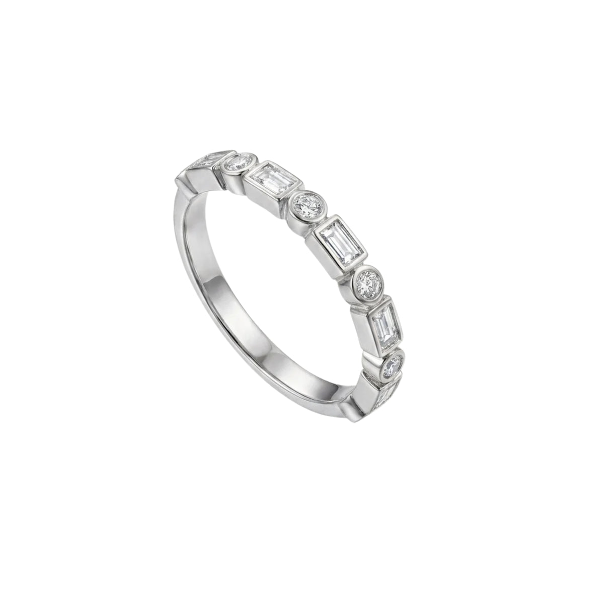 A white gold eternity-style ring featuring a row bezel set round-cut diamonds and emerald cut diamonds, shown on a plain white background.