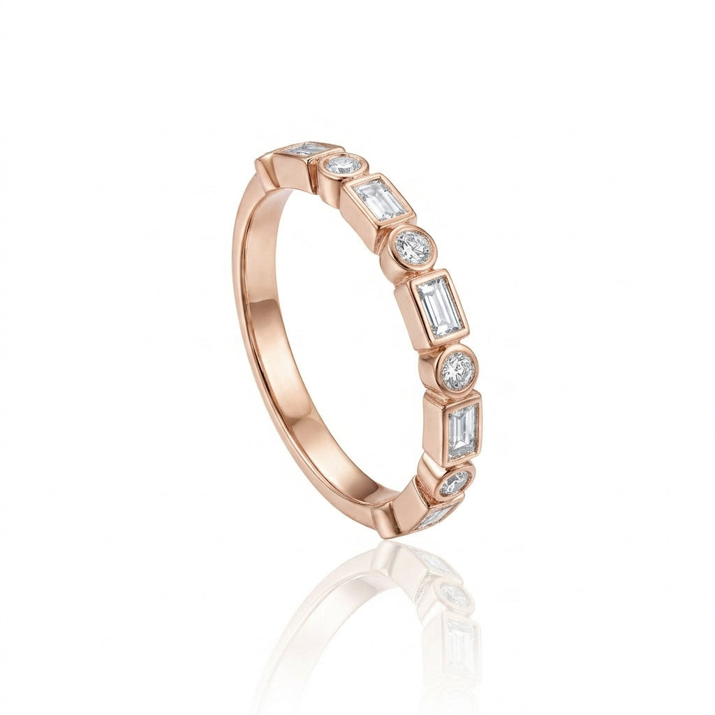 Round & Emerald Cut Bezel Set Ring