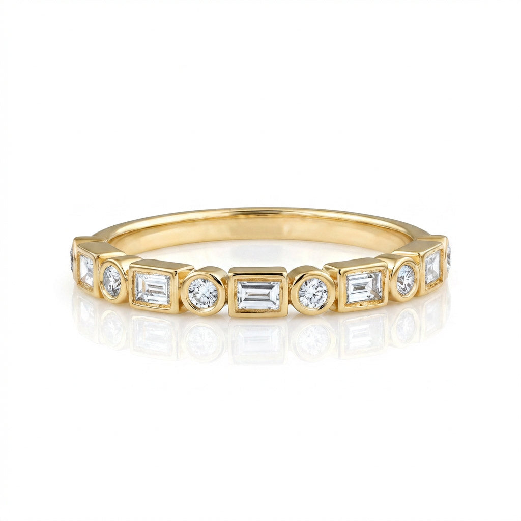 Round & Emerald Cut Bezel Set Ring