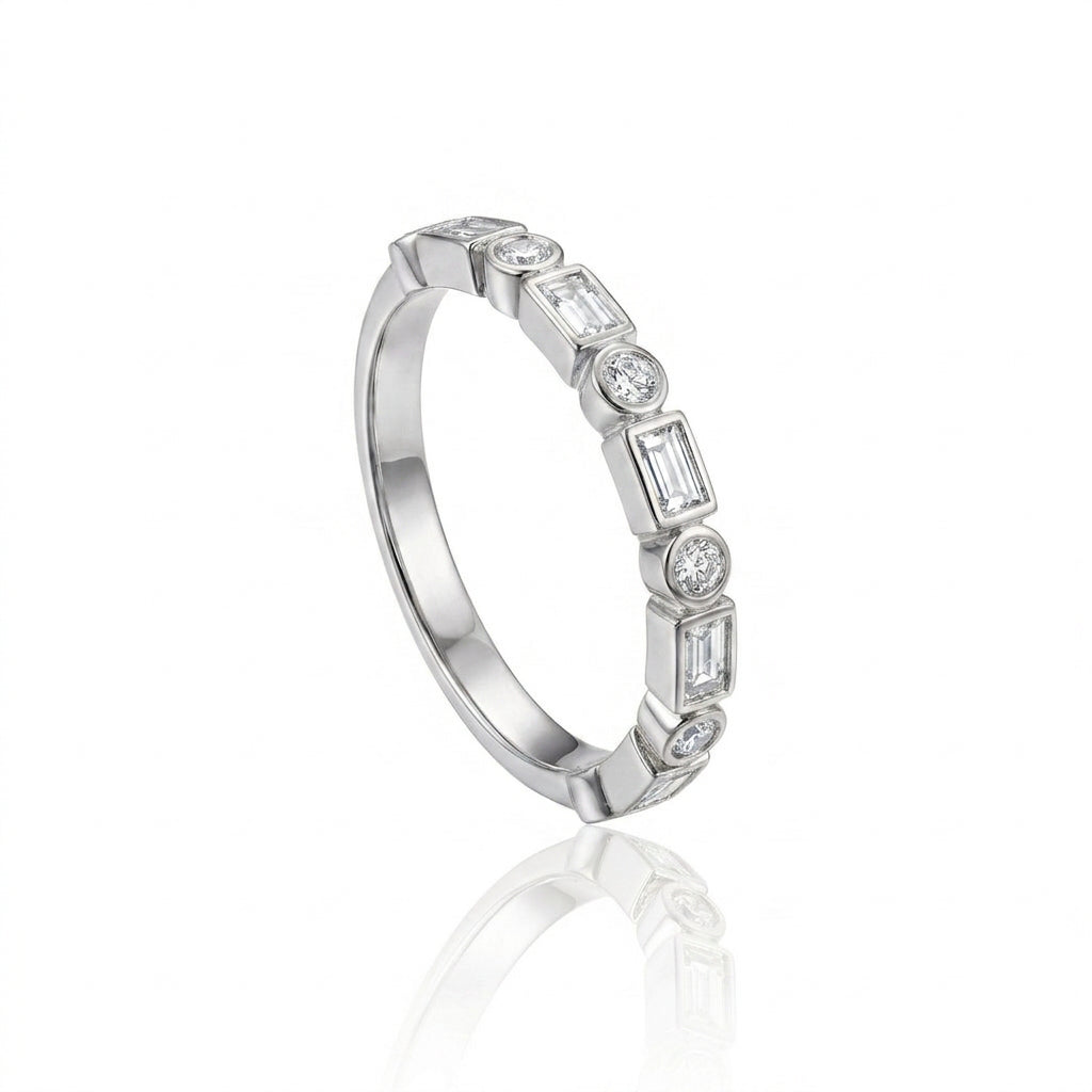 Round & Emerald Cut Bezel Set Ring