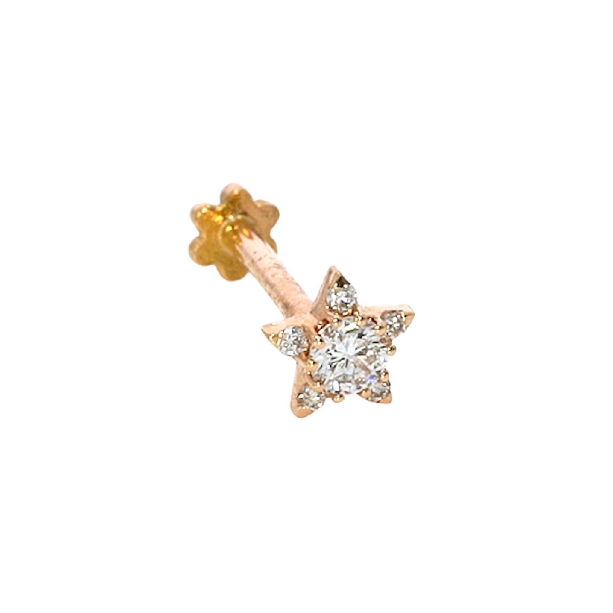 Small star earrings with certified diamonds set in solid gold, featuring a central round brilliant cut gemstone.