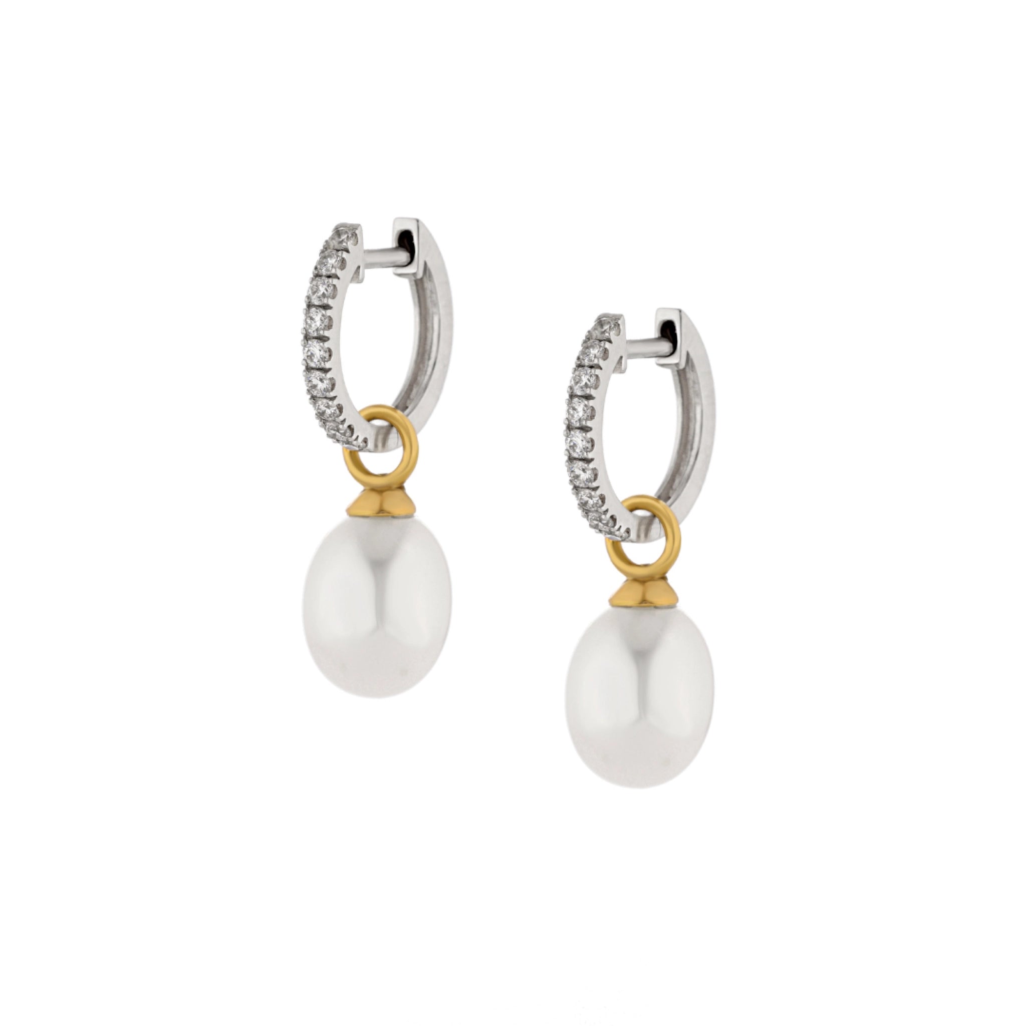 Sophia diamond earrings featuring diamond hoops and detachable freshwater pearls in elegant 18ct white gold.