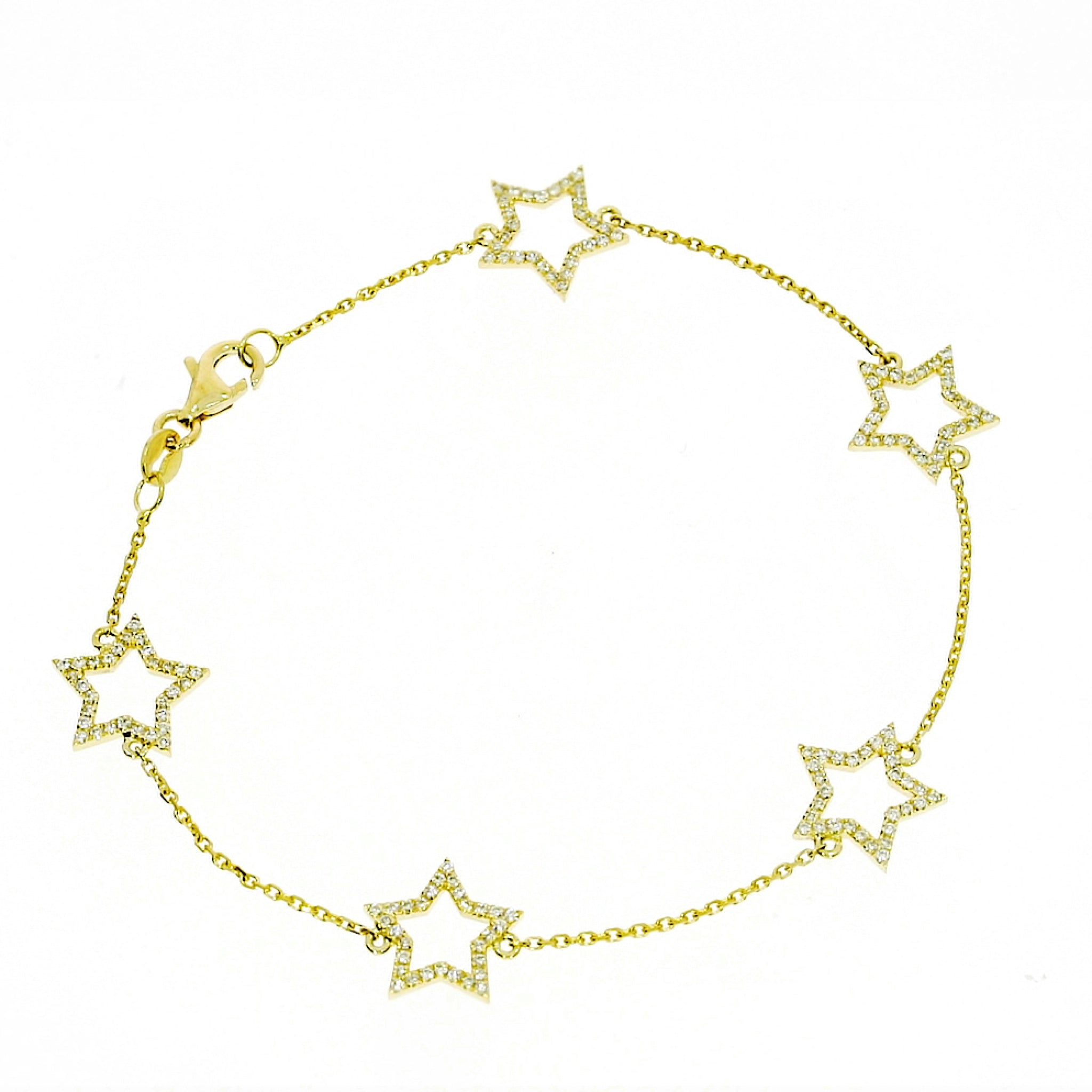 Star bracelet featuring five diamond-set star motifs on a delicate 18ct gold chain.