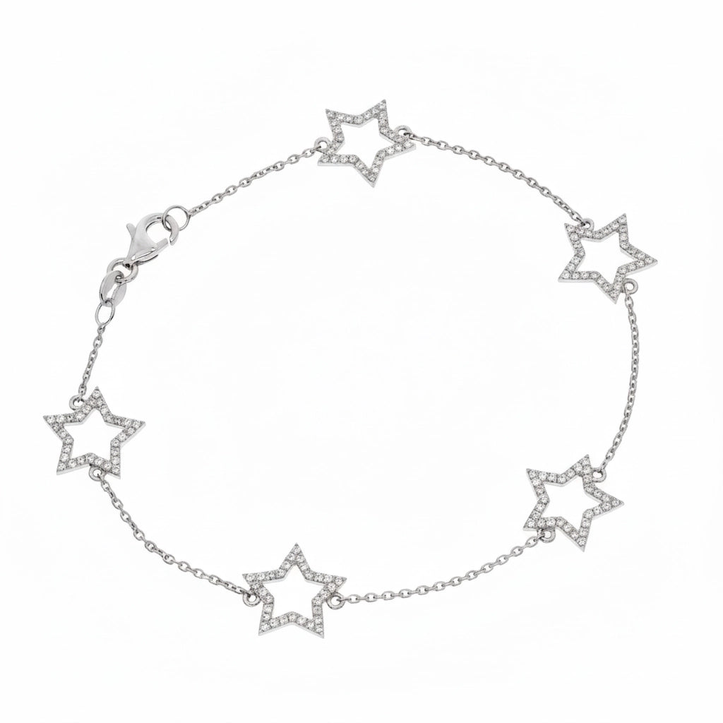 Star bracelet featuring five diamond-set star motifs on a delicate 18ct white gold chain.