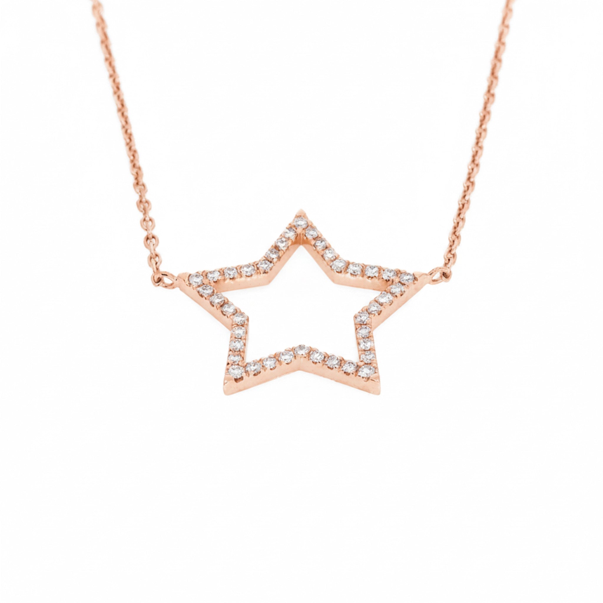 Elegant certified diamond necklace featuring a star design set in 18ct rose gold with sparkling diamonds.