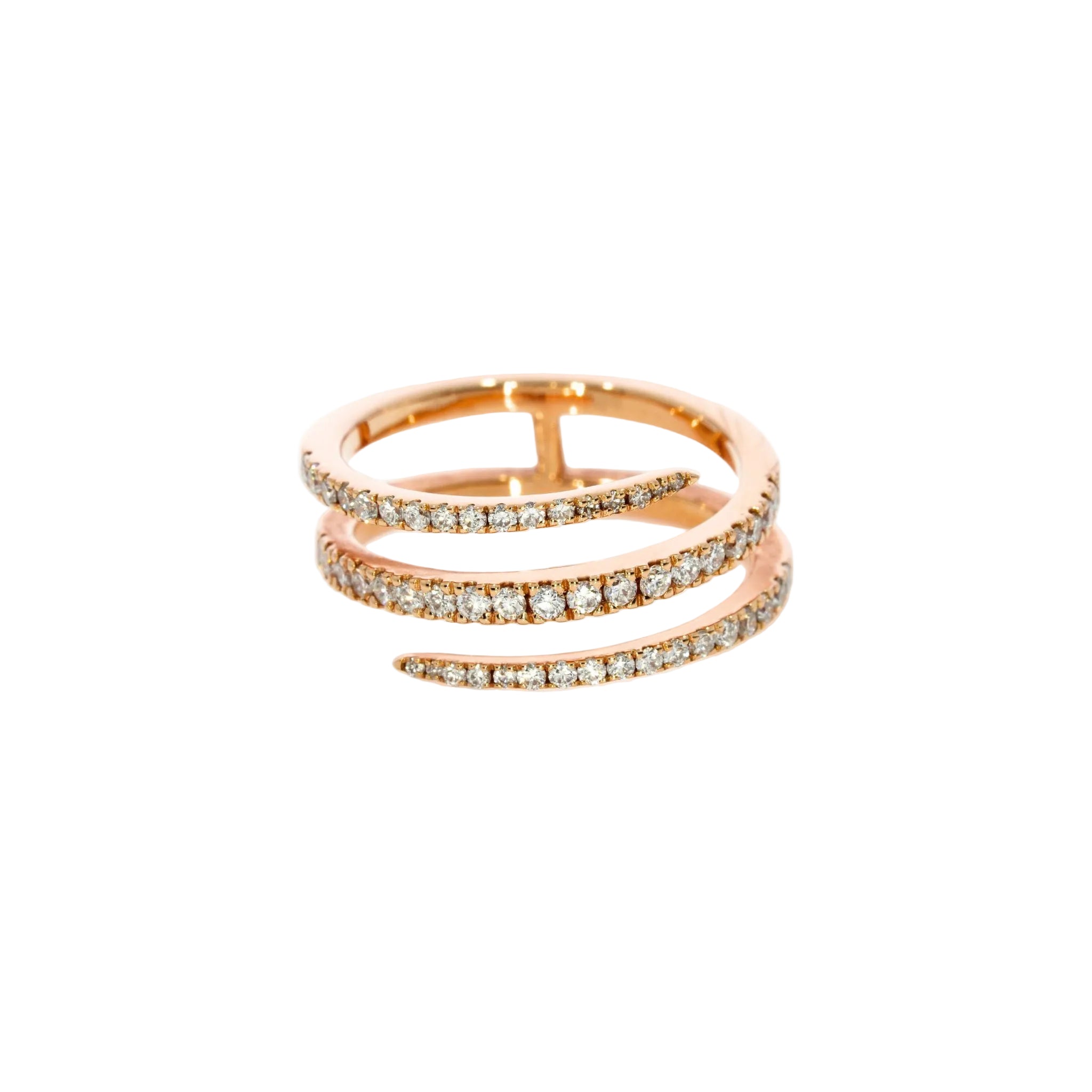 A rose gold ring with a spiral design with rows of small, sparkling diamonds, creating a modern look.