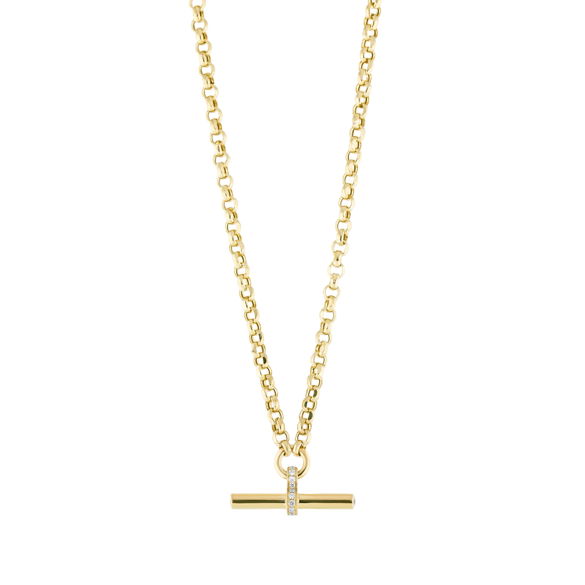Elegant T Bar Necklace in 18ct yellow gold with diamond pavé loop, perfect for layering and everyday luxury.