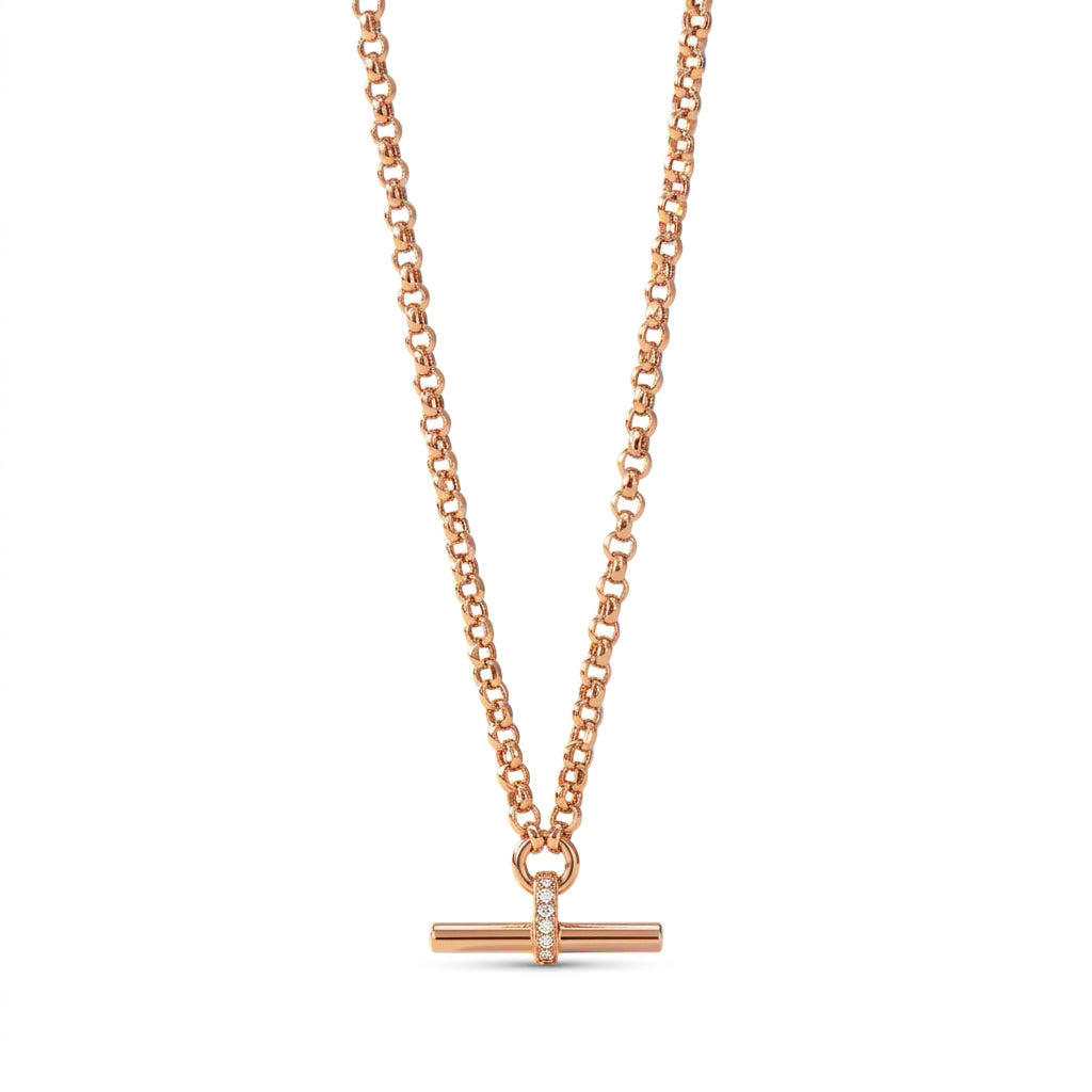 T Bar Necklace in 18ct rose gold with diamond set loop for refined luxury and shine