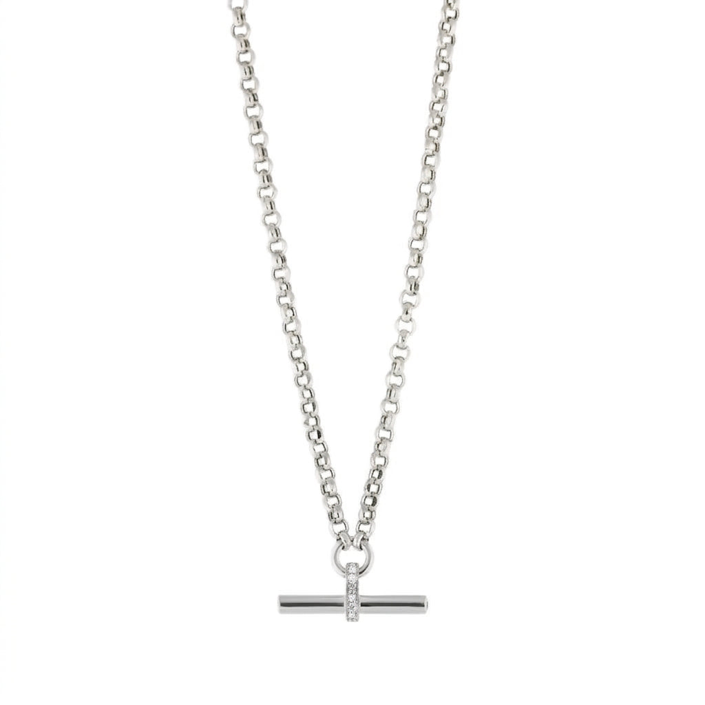 T Bar Necklace in 18ct White Gold with diamond pavé pendant, elegant and modern jewellery design.
