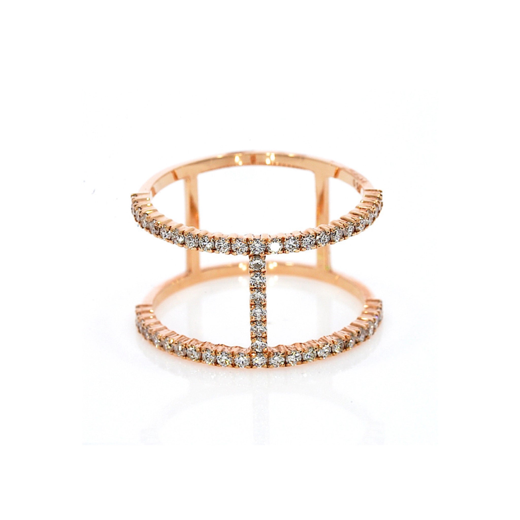 Stunning H design ring with 0.62cts of round brilliant cut diamonds, rose gold colour set in 18ct gold.