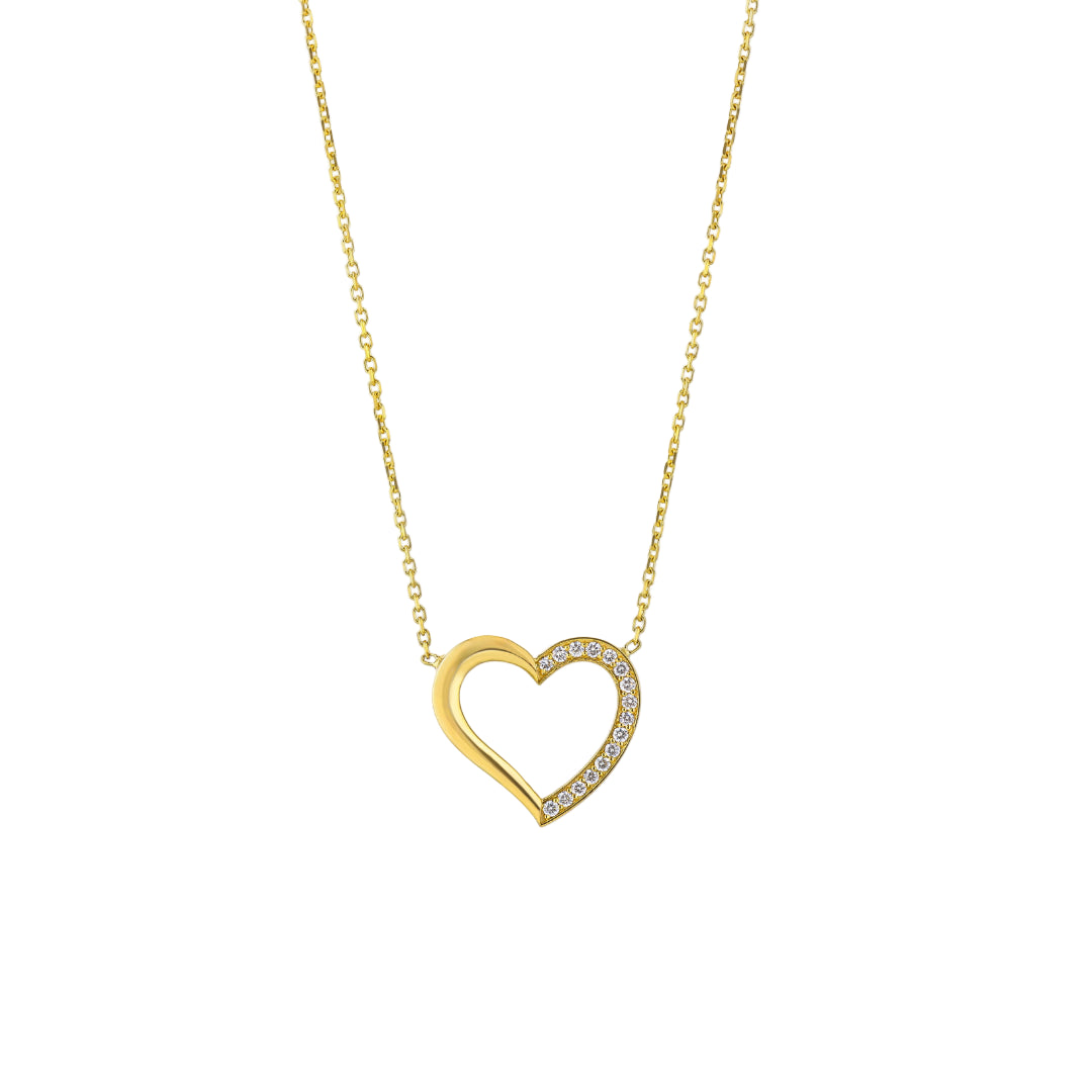 The Margot Necklace, an 18ct gold diamond necklace featuring a heart design with round brilliant cut diamonds.