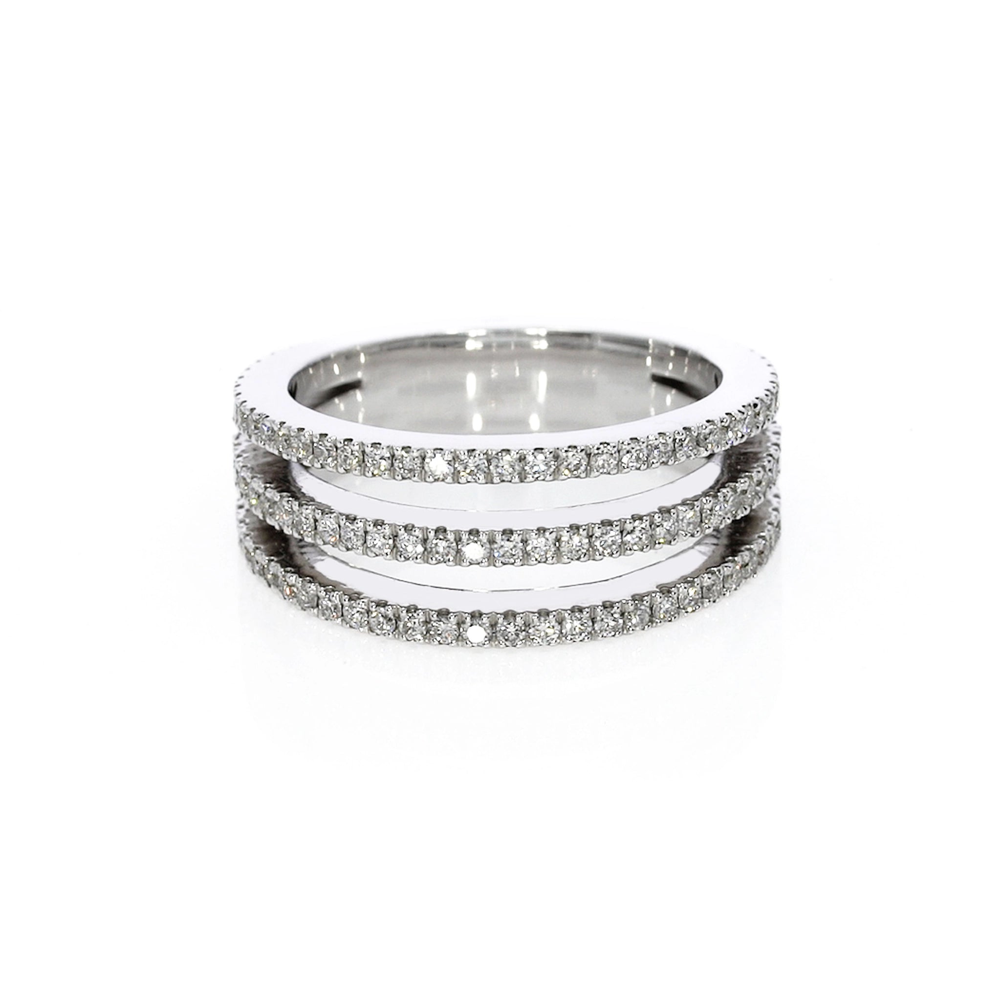 White gold ring with three rows of diamonds totaling 0.80cts, set in 18ct gold for a sleek look.