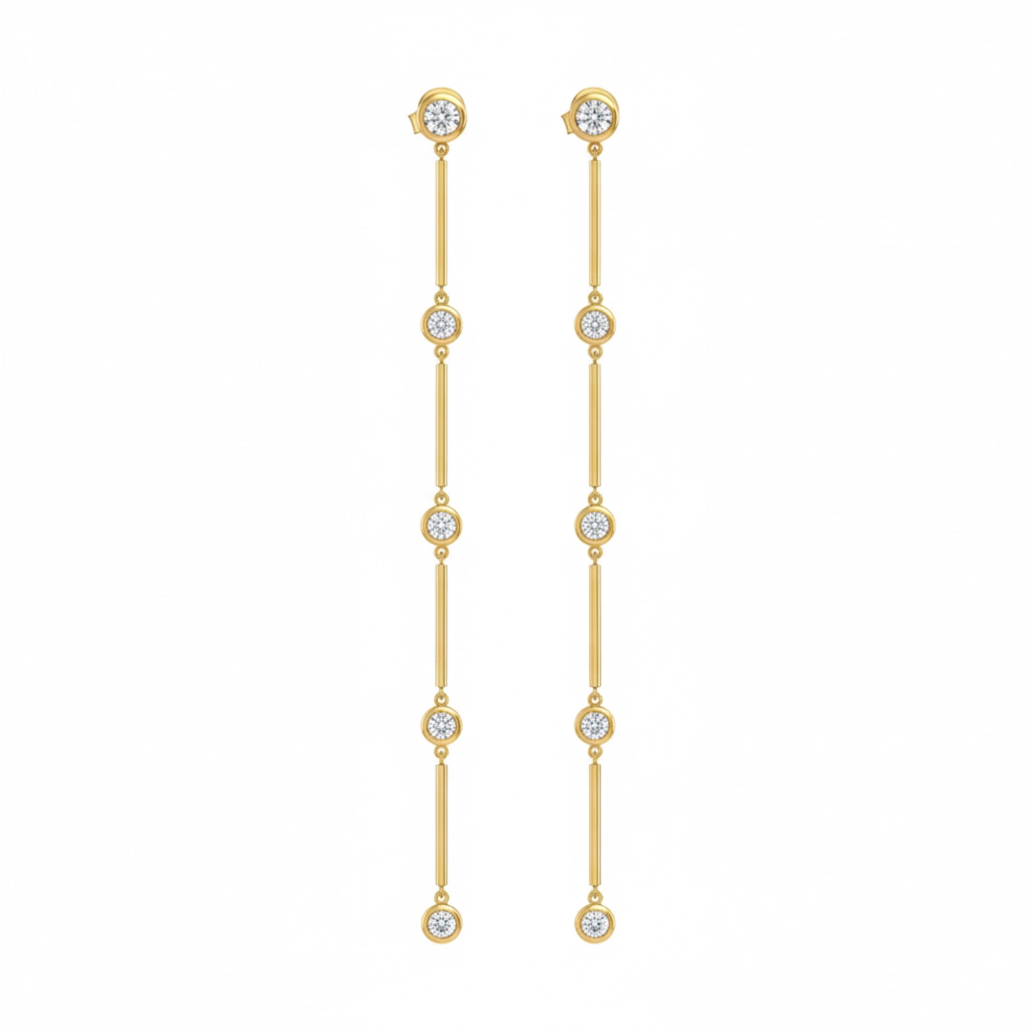 Elegant Cascade Diamond Earrings in 18ct gold showcasing a shimmering drop of bezel set diamonds.