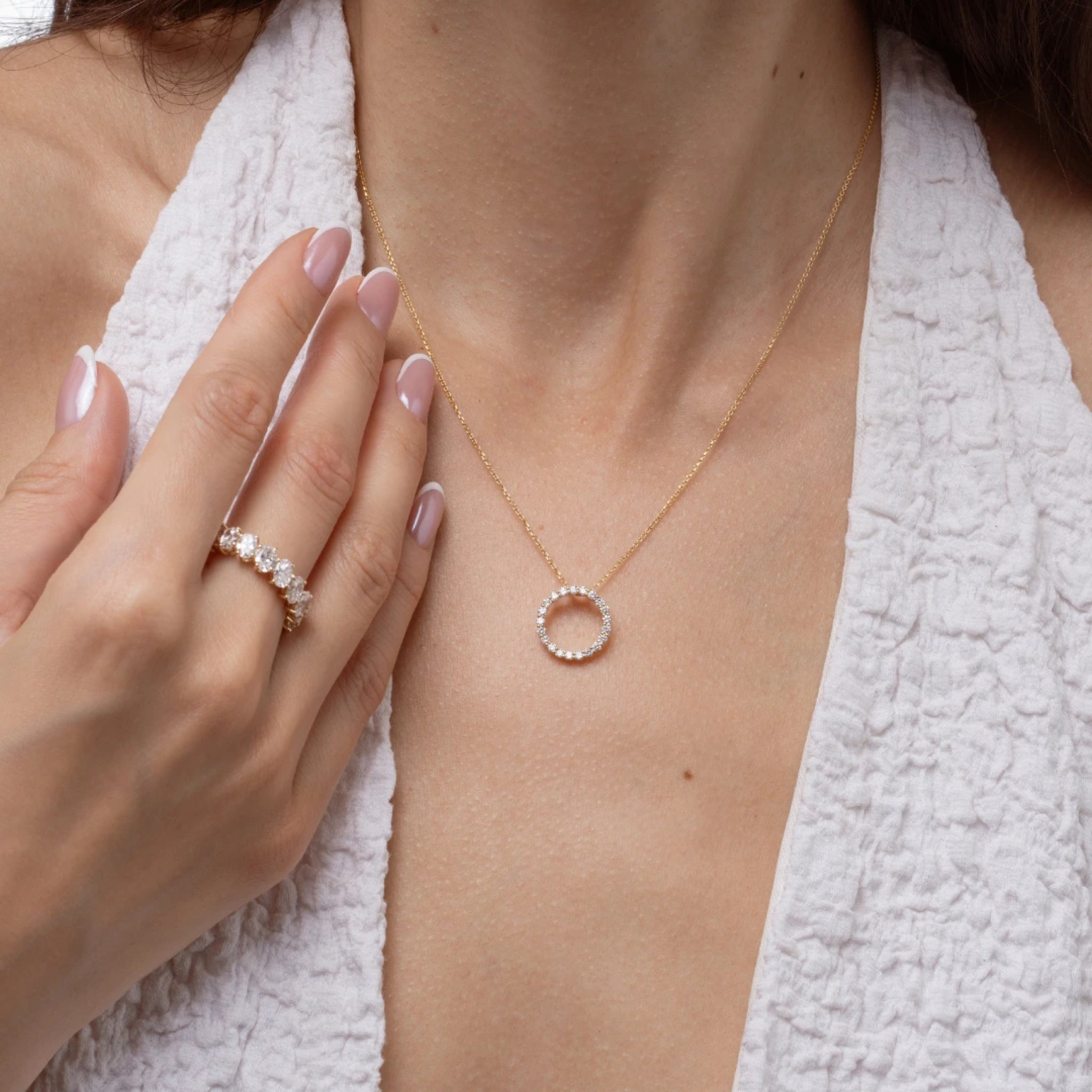 Circle Of Life Necklace - Small featuring hand-set diamonds on a delicate chain worn with stylish accessories.
