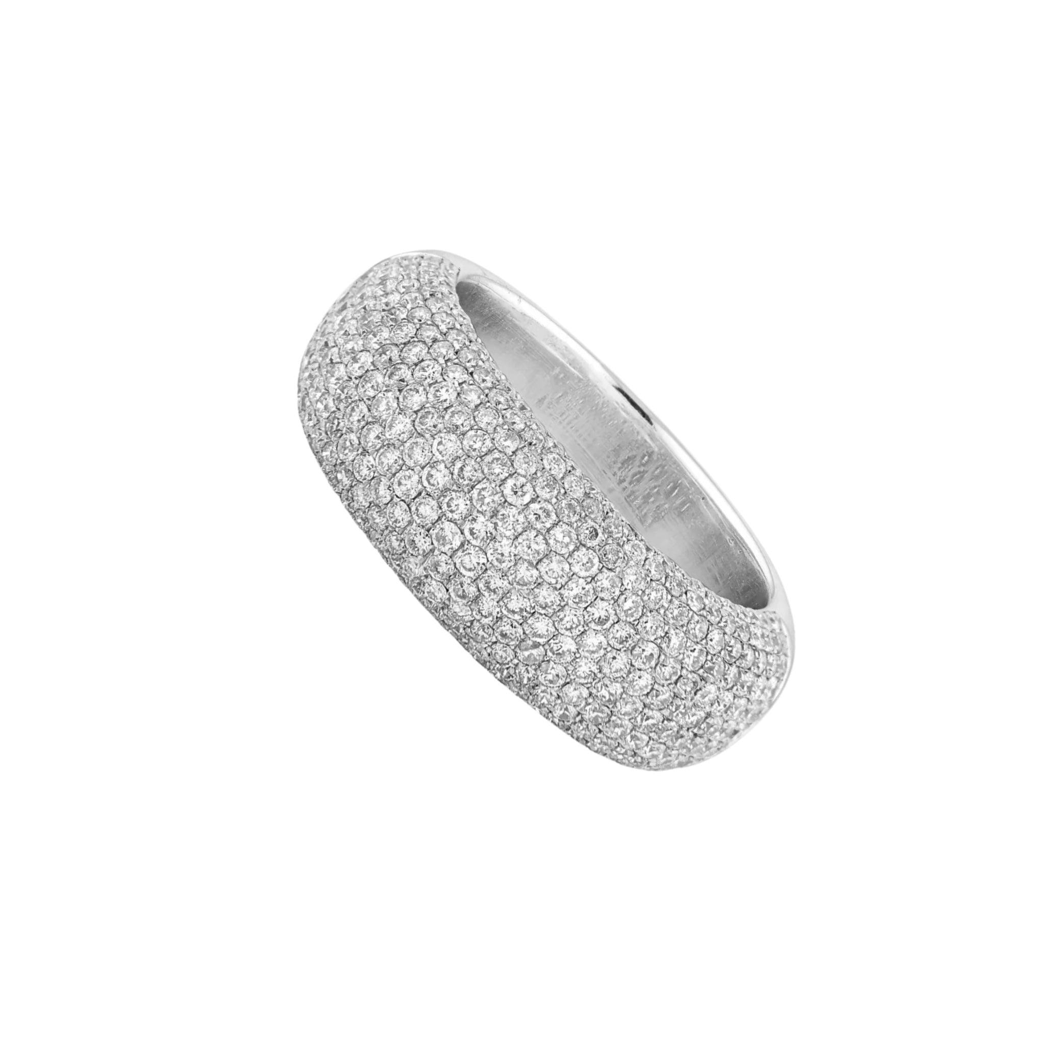 A pavé diamond ring with a textured, rounded dome like top and a smooth polished band, shown on a plain white background.