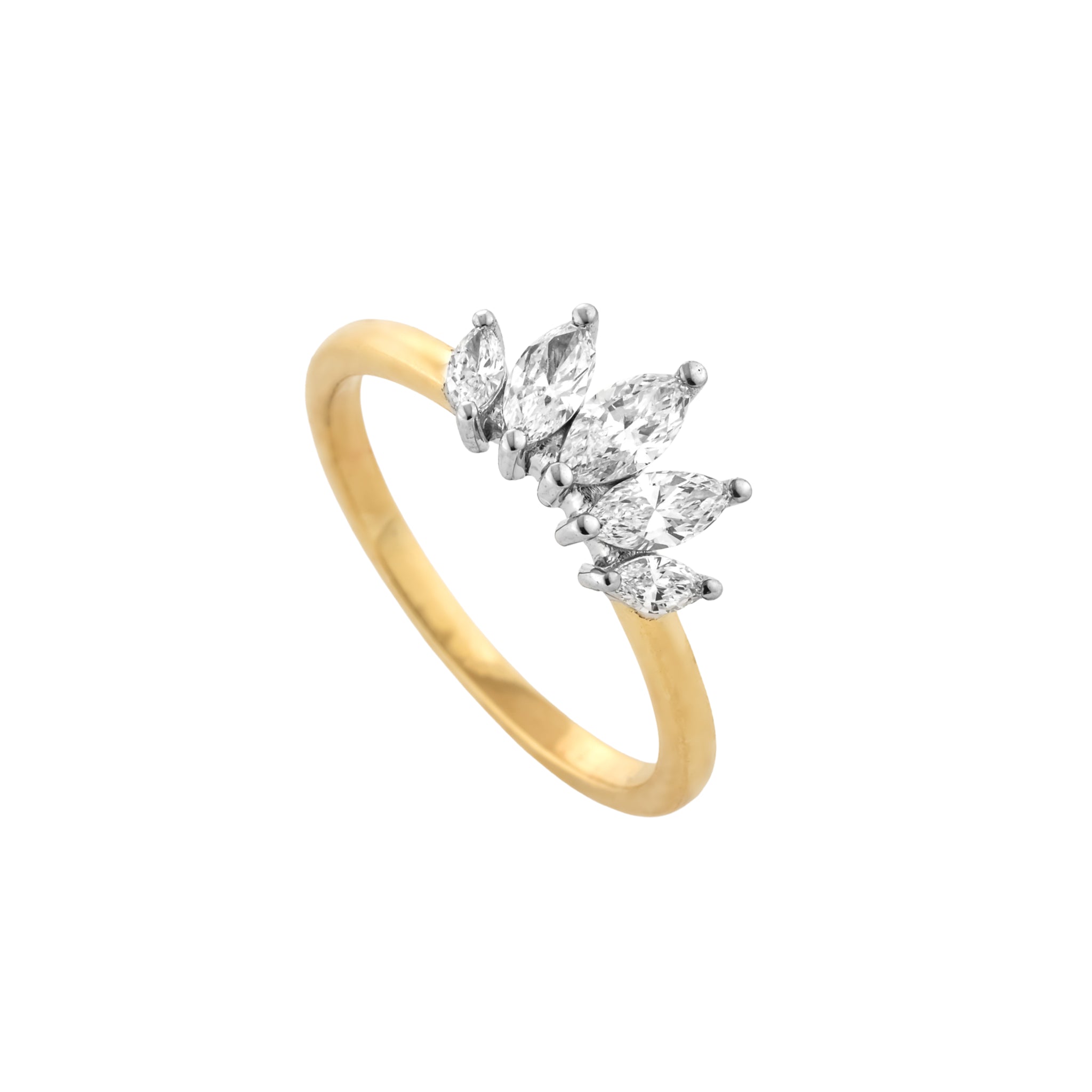 A yellow gold Crown ring with a cluster of marquise cut diamonds in an 18ct gold setting, shown on a plain white background