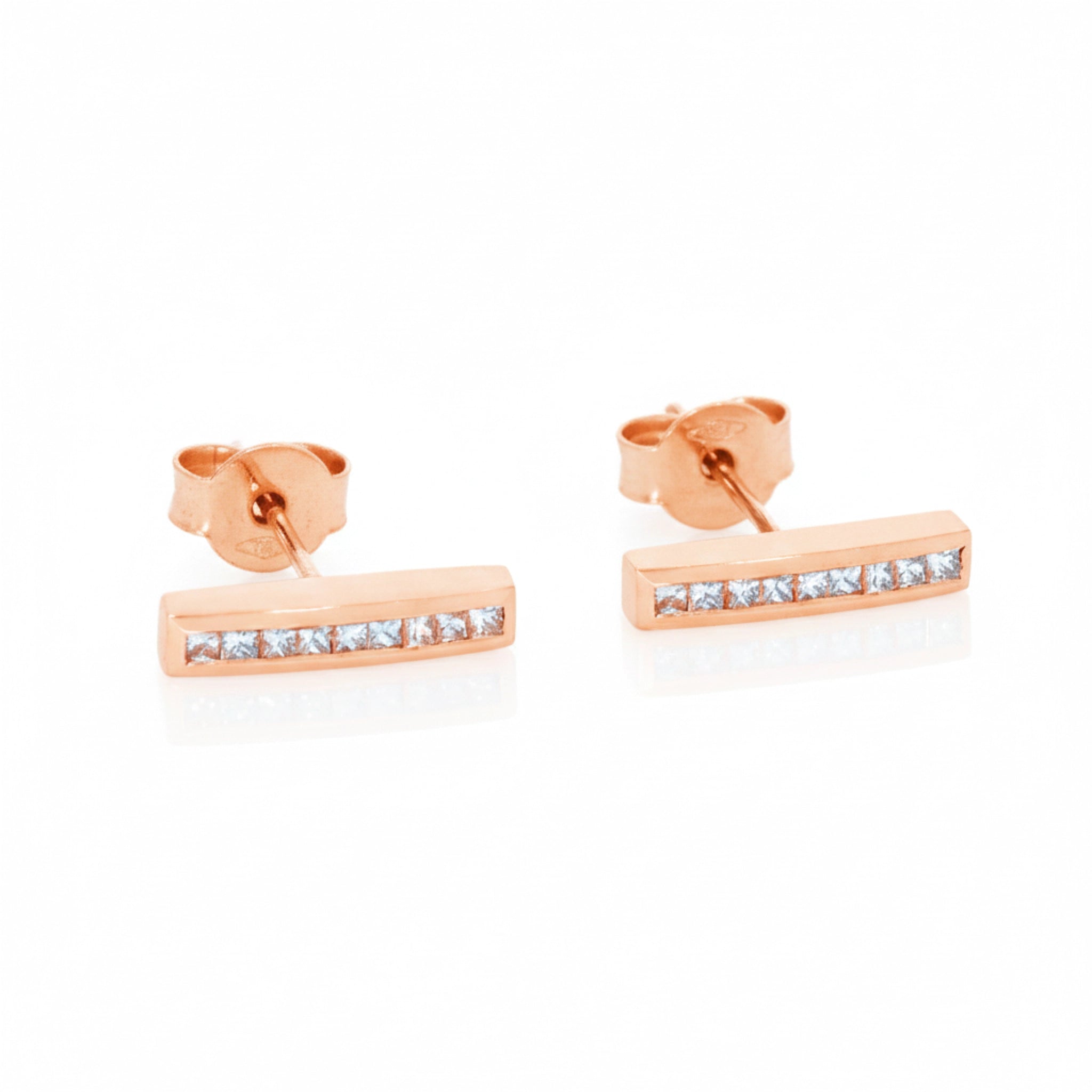 Luxurious certified diamond earrings in rose gold featuring bar design with sparkling diamonds, perfect for stacking or wearing alone.