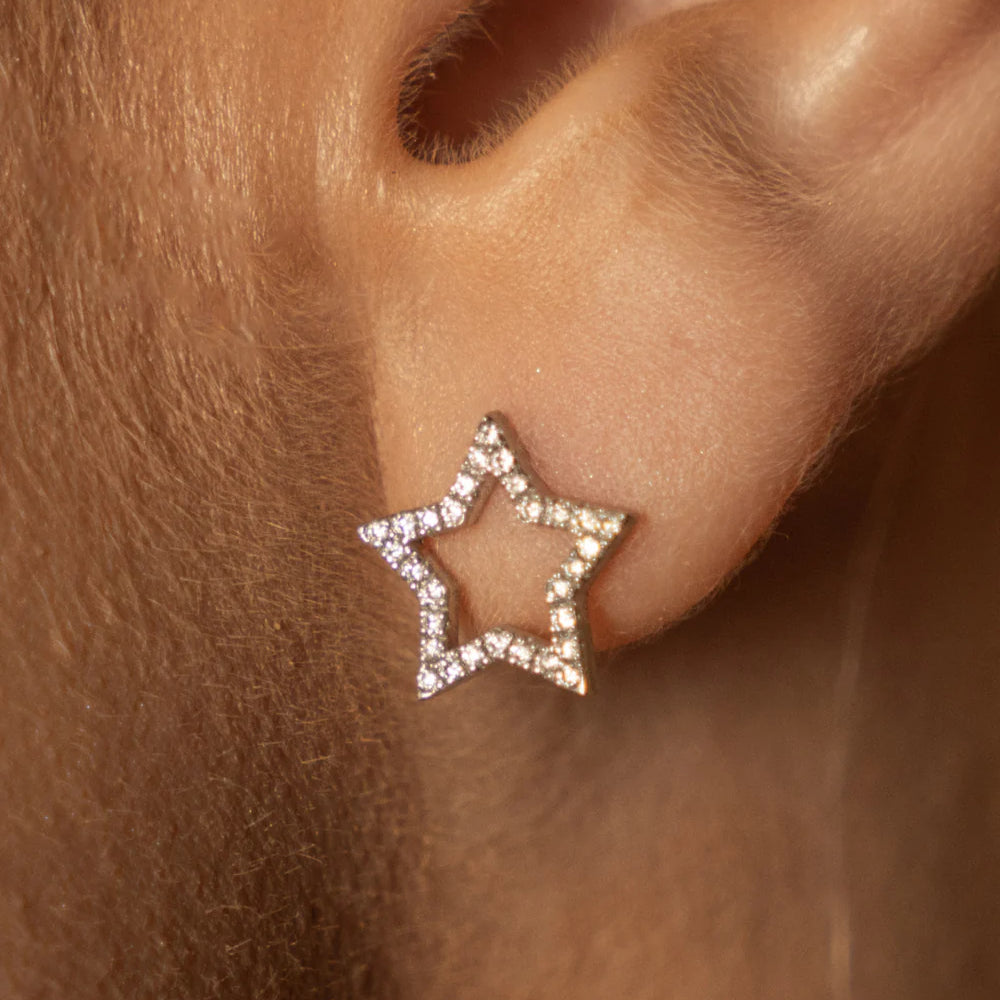 Close up of certified diamond earrings shaped like stars, set in 18ct gold, worn on earlobe.