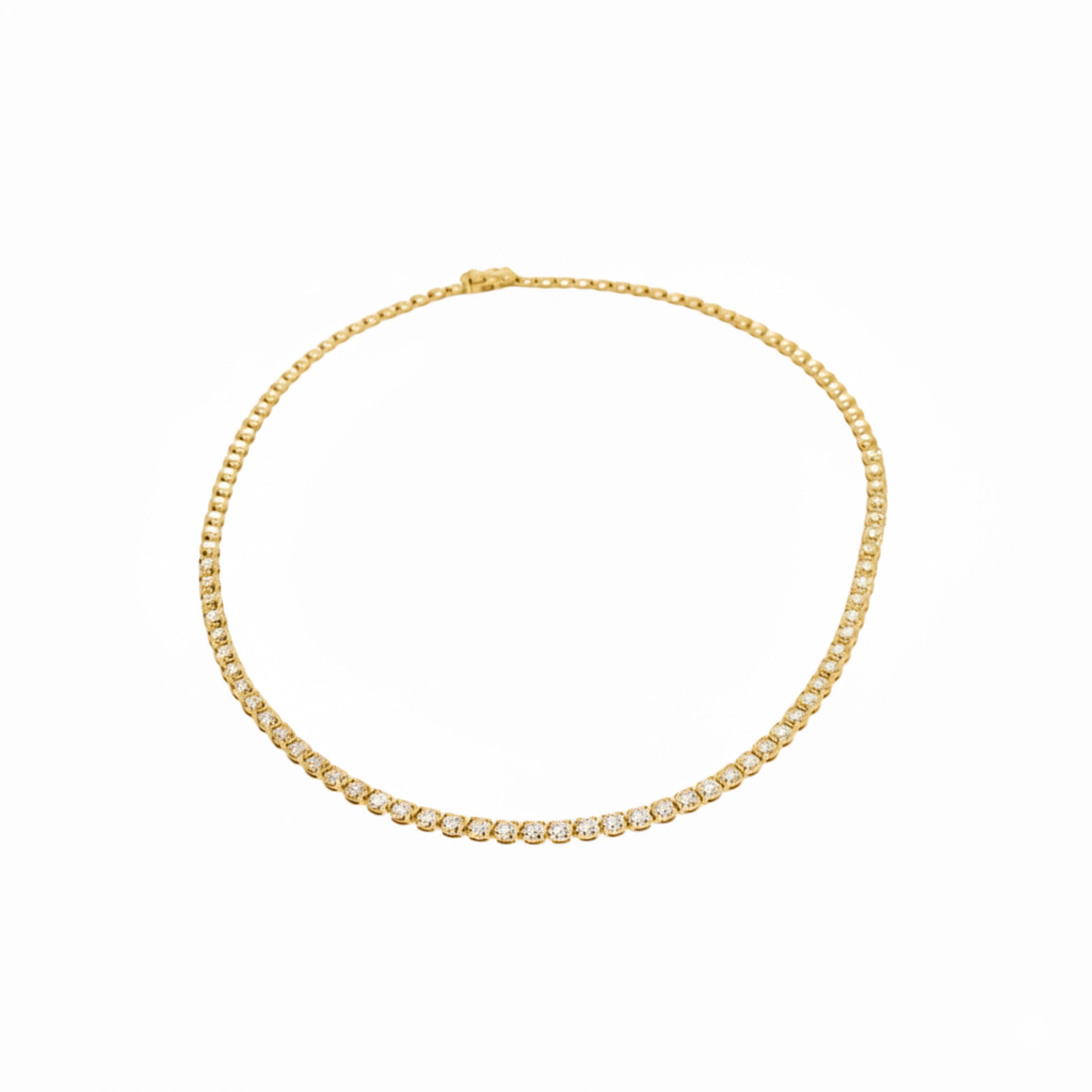 Elegant half diamond tennis necklace featuring certified diamonds set in yellow gold for timeless style.
