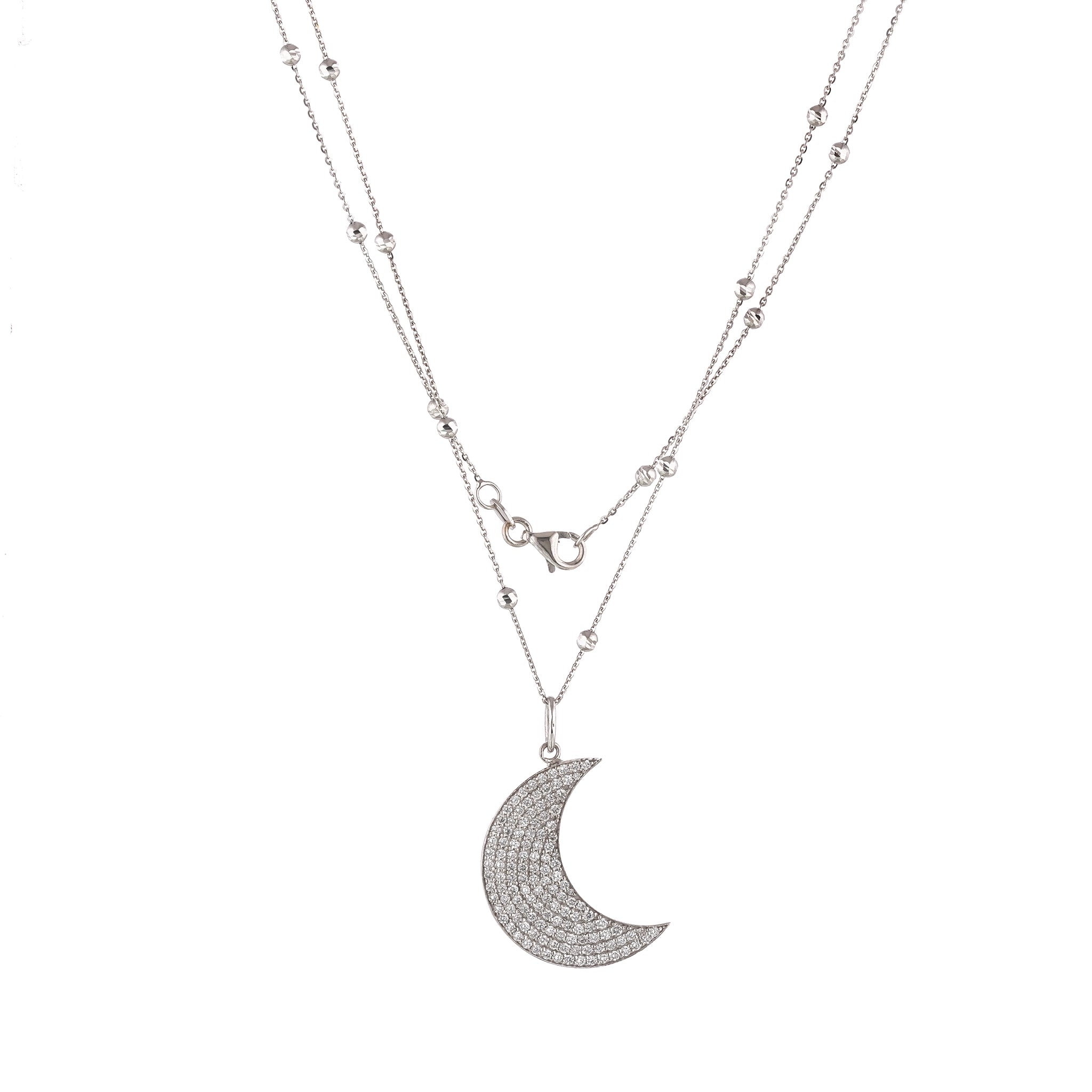 Long Moon necklace featuring diamond accents on an 18ct white gold chain for modern elegance.