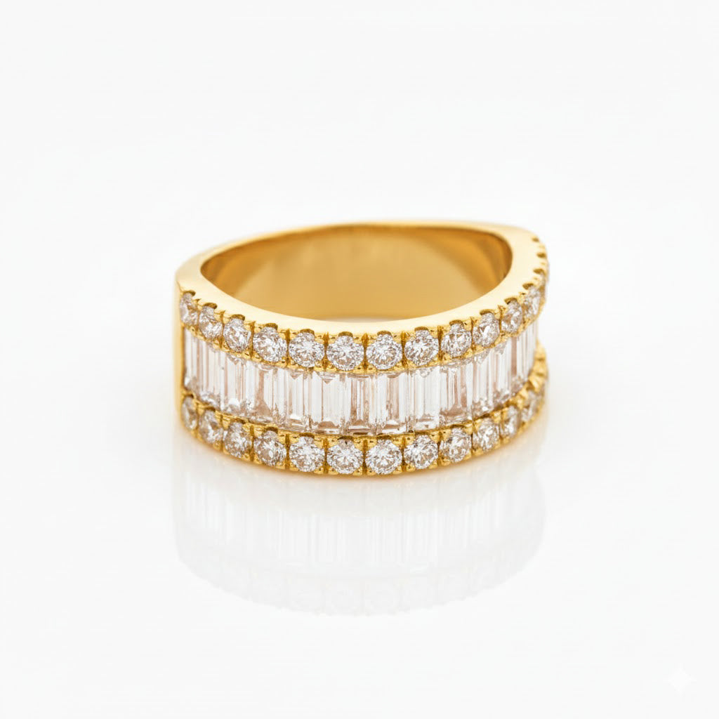 Yellow gold large diamond eternity ring featuring baguette cut diamonds on a white background