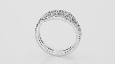 Swirl ring in 18ct white gold adorned with certified diamonds, showcasing three elegant rows of sparkling brilliance.
